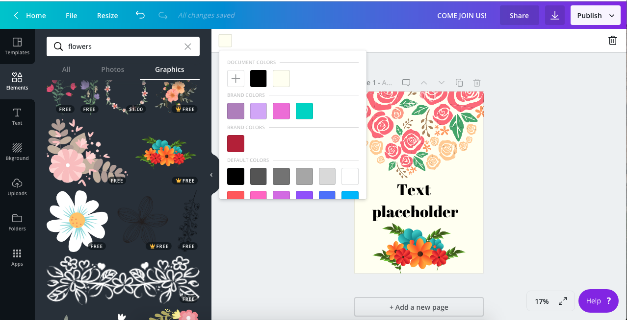 7. Using Canva by gafra.org. You can change the colours of the document, flowers text etc via the drop down colour palette.