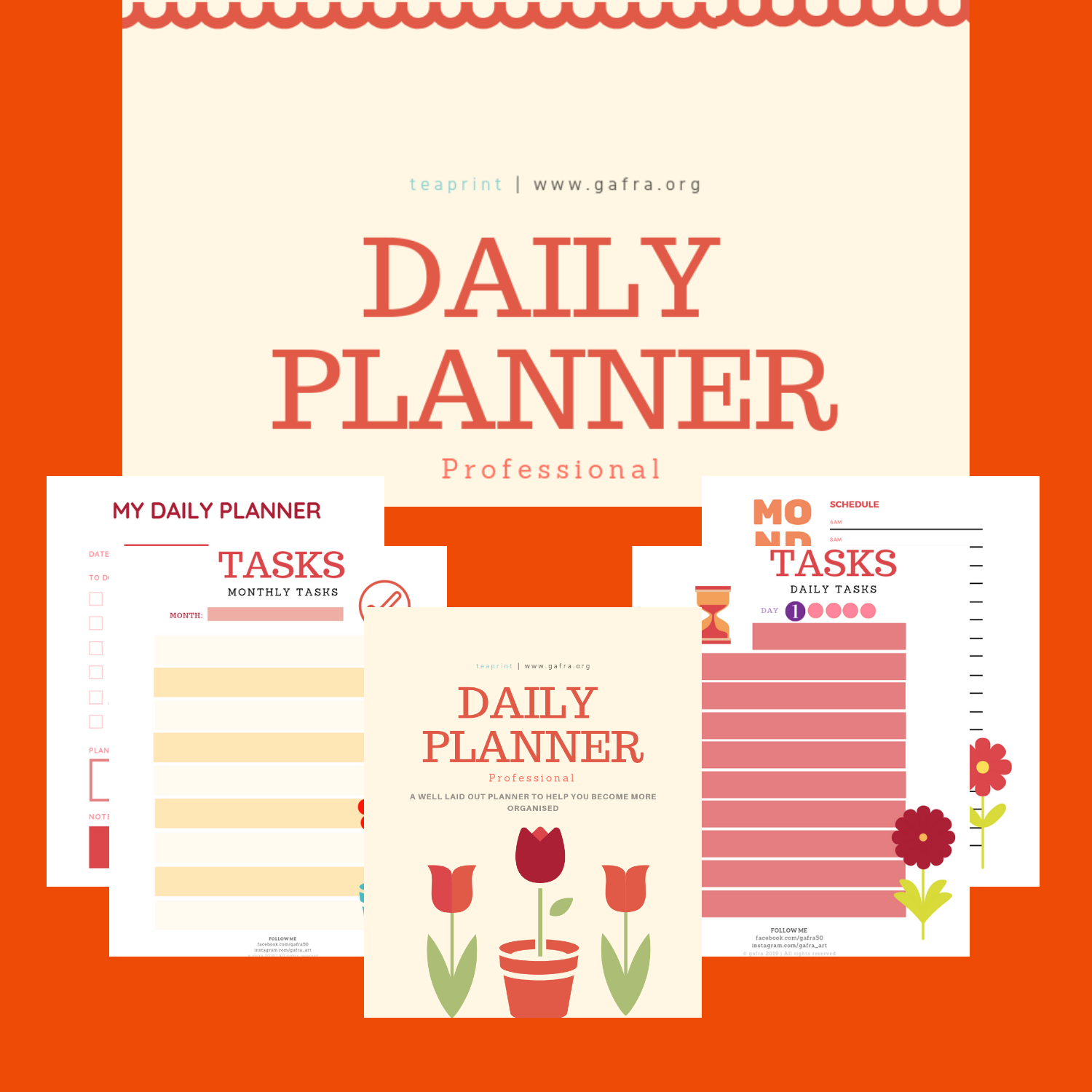 Red/Orange Daily Planner Professional, Digital Planner, Red &amp; Orange Planner, Instant Print, Download, Cute Planner, Girly Planner, Daily Page, Finance