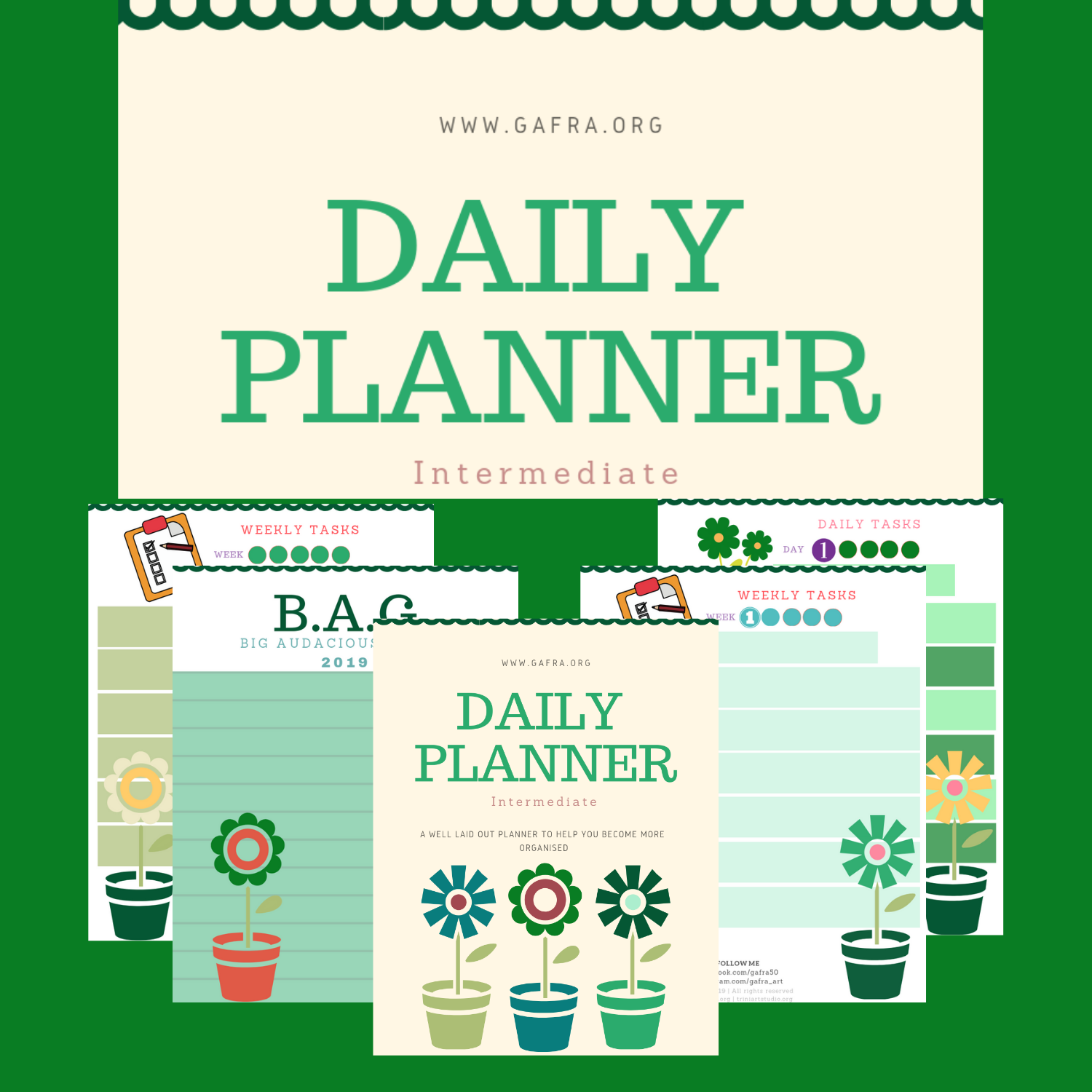 Green Daily Intermediate Planner, Digital, Instant Download, PDF, Editable, Paper Print, Green Planner, Password Page, Meal Page,