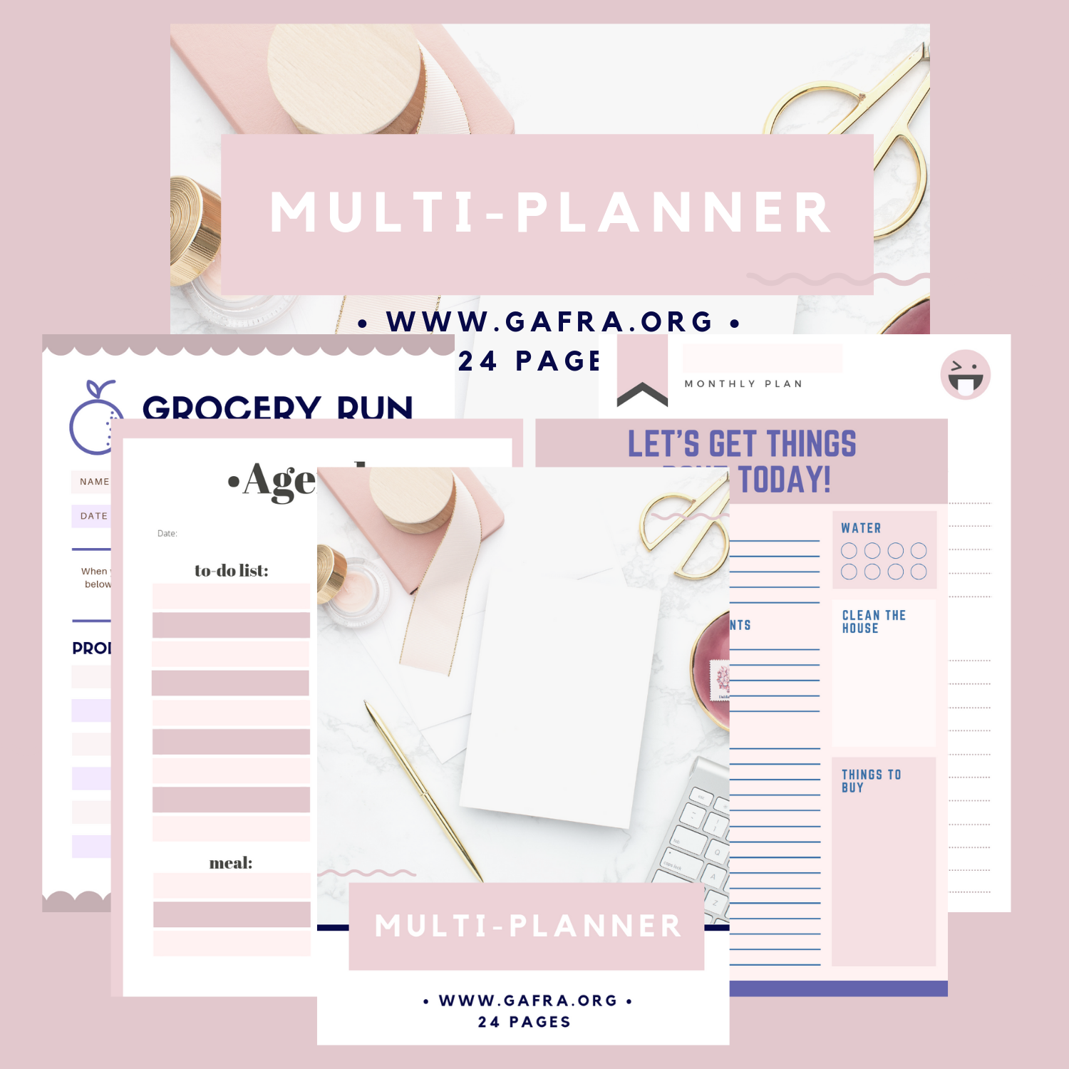 Pink Multi-Planner, Printable, Daily Pages, Pink Planner, Instant Download, Grocery list, Monthly Planner