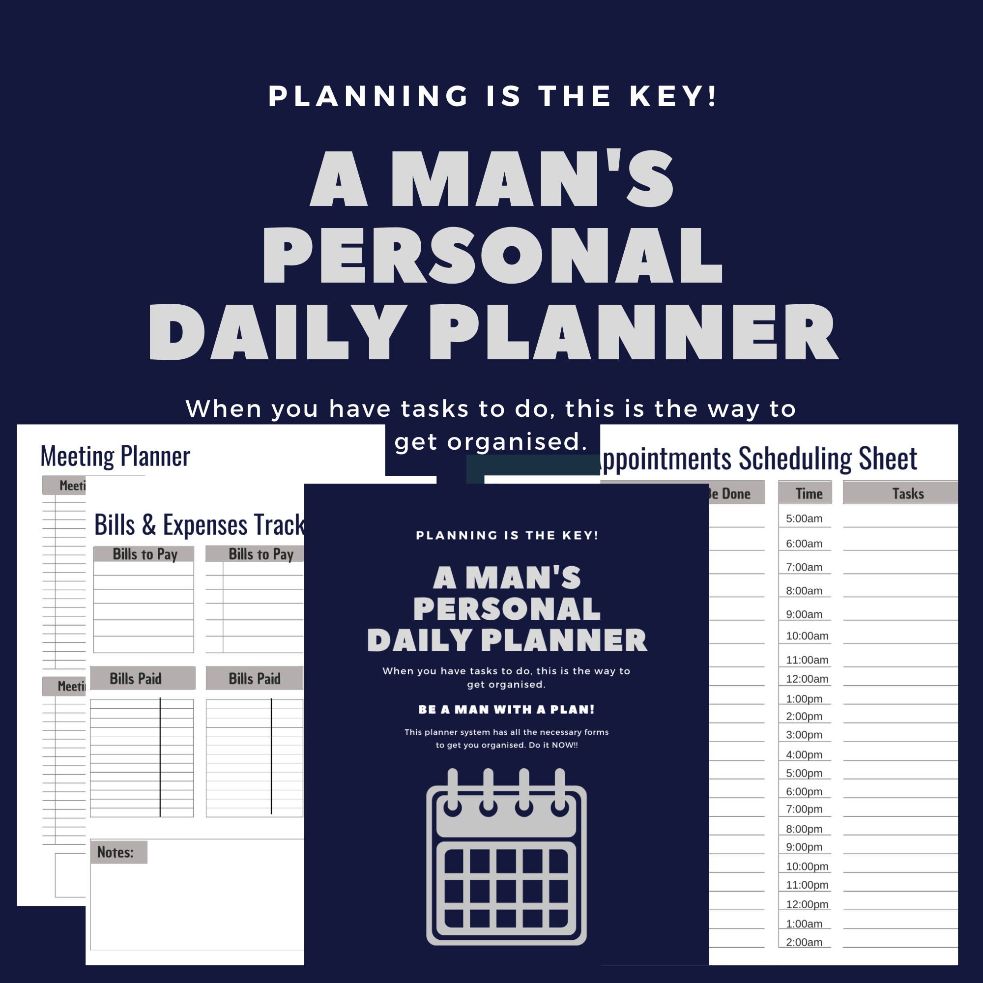 A Man's Personal Daily Planner, Personal &amp; Business Planner, Password Page, Bills Page, Income Page, Task Organiser Page, Printable, Editable, PDF