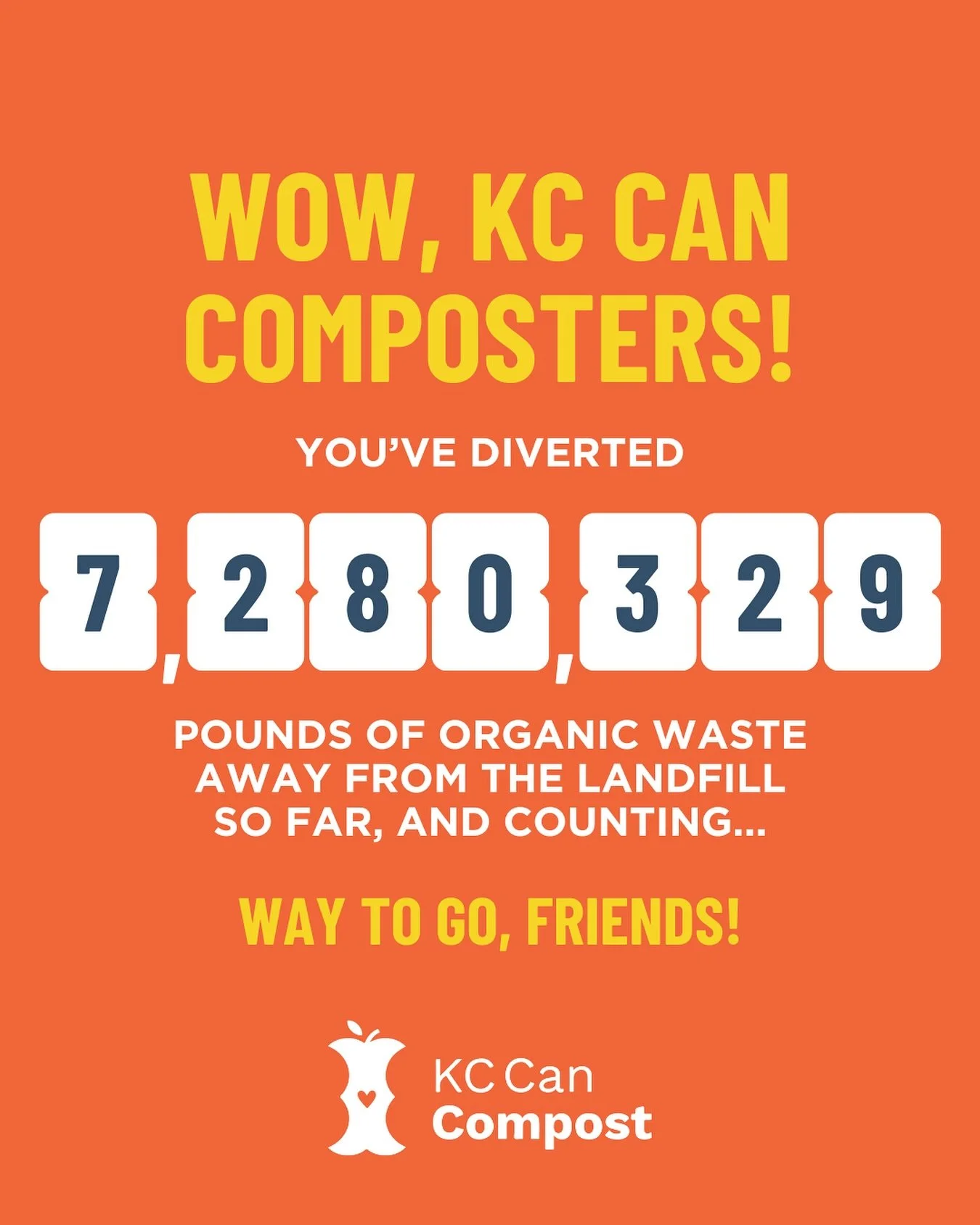It&rsquo;s time to CELEBRATE! 🎉 

YOU did that, KC! Together you&rsquo;ve diverted over 7 Million pounds of organic waste from the landfill. Those organics been put to good use sequestering carbon, creating nutrient-rich soil, and combating climate 