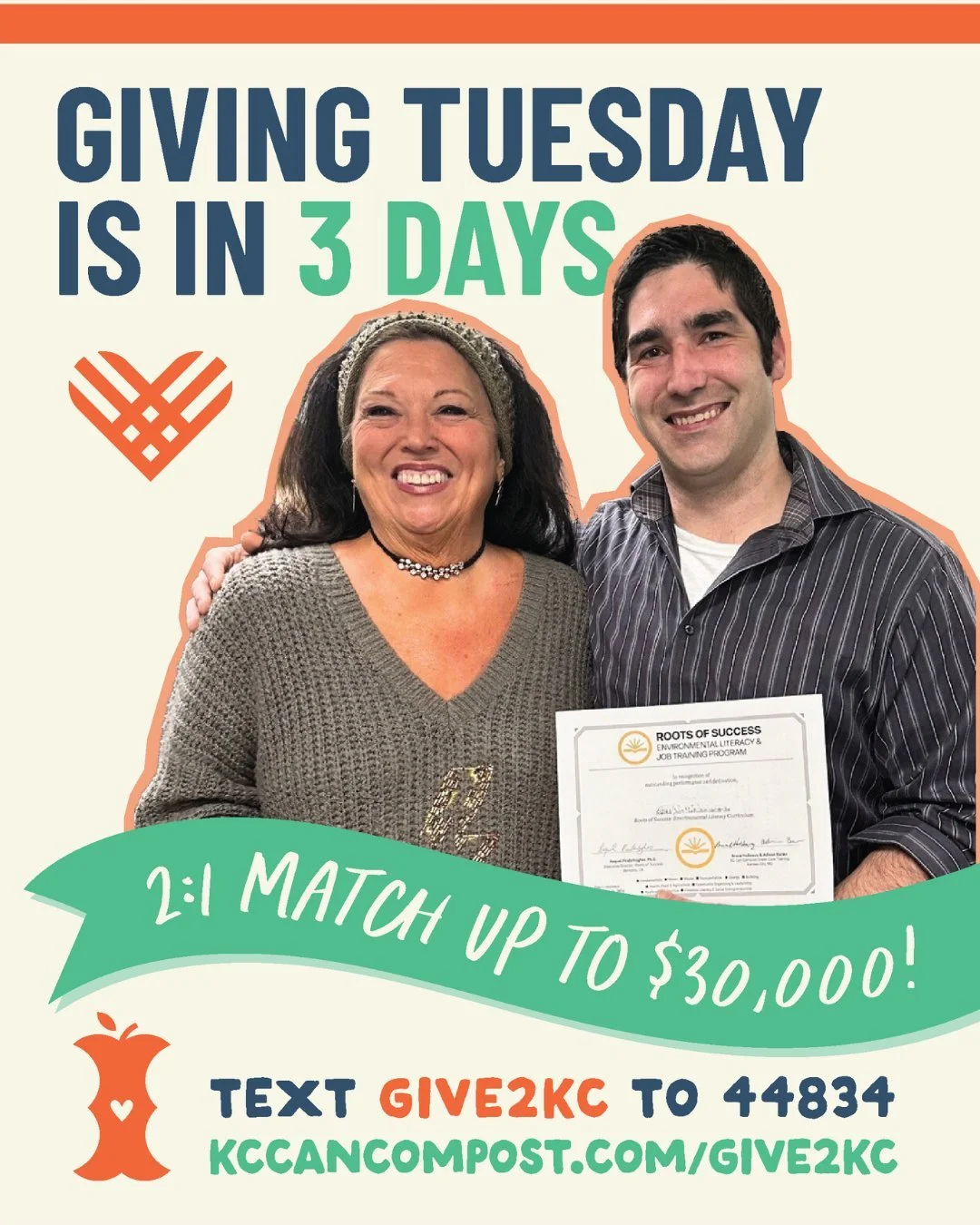 #GivingTuesday is just 3 days away and this year your donation goes 3x as far, thanks to a 2:1 match!

Text GIVE2KC to 44834
or visit kccancompost.com/give2kc

Your gift helps a neighbor grow their skills, support their family, and build a career tha