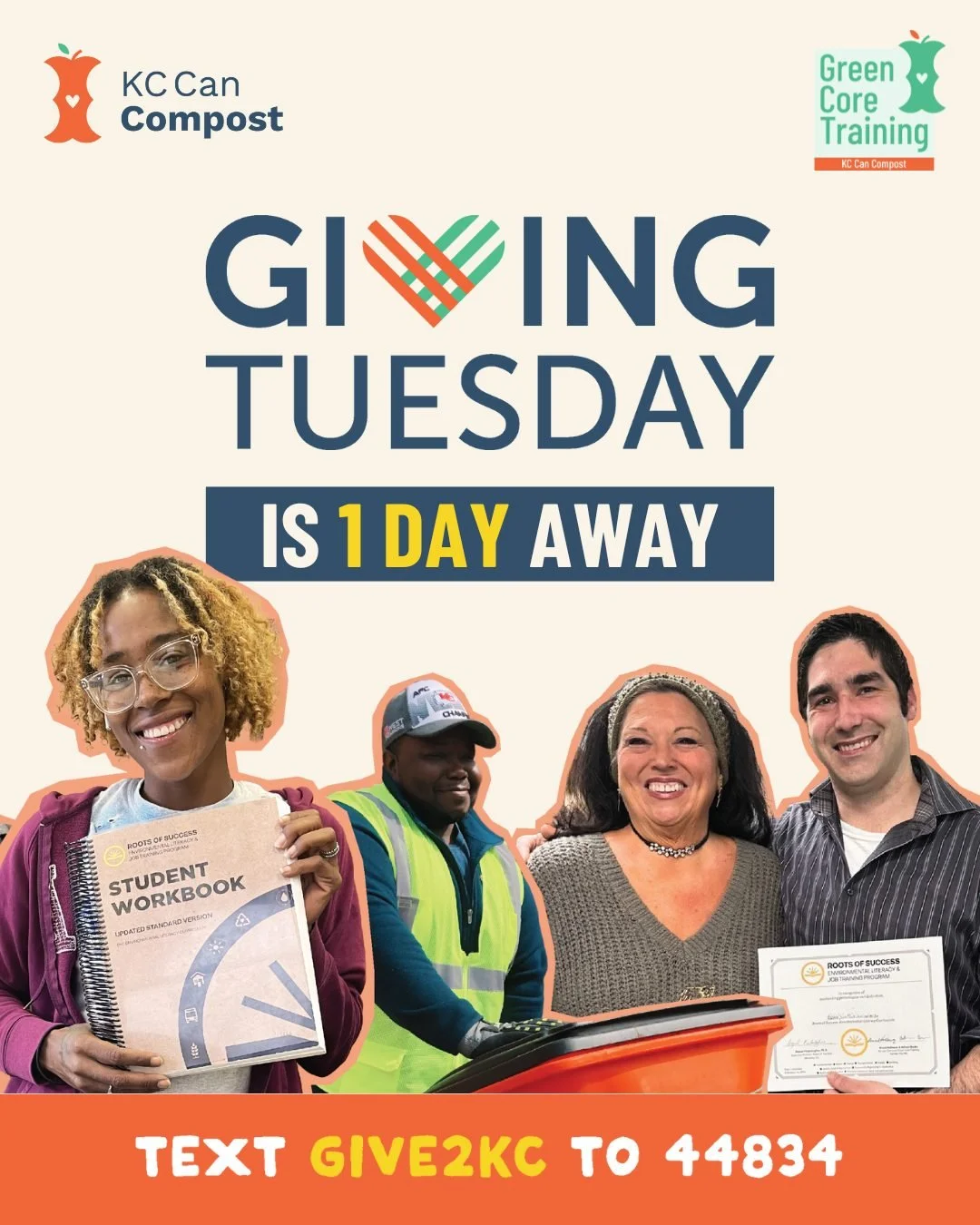 Just 1 day until #GivingTuesday 🧡 Our 2:1 donor match is already active! Text GIVE2KC to 44834 or visit kccancompost.com/give2kc to learn more and donate today.

#givekc #givingtuesday2025 #givingtuesdaykc #givetoeducation #givetotheplanet #greenjob