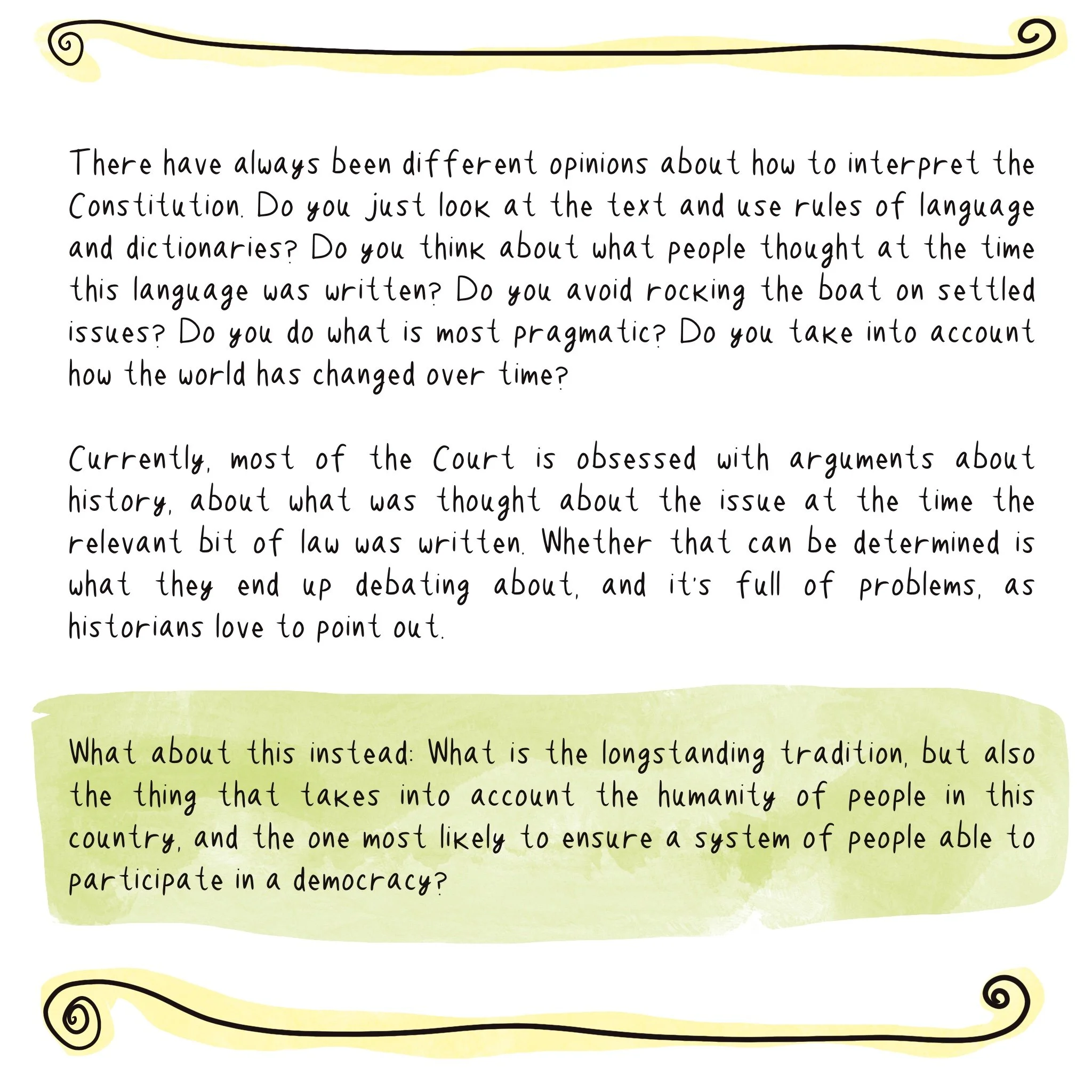 This image is largely text, in a handwriting font, discussing ways to interpret the Constitution.