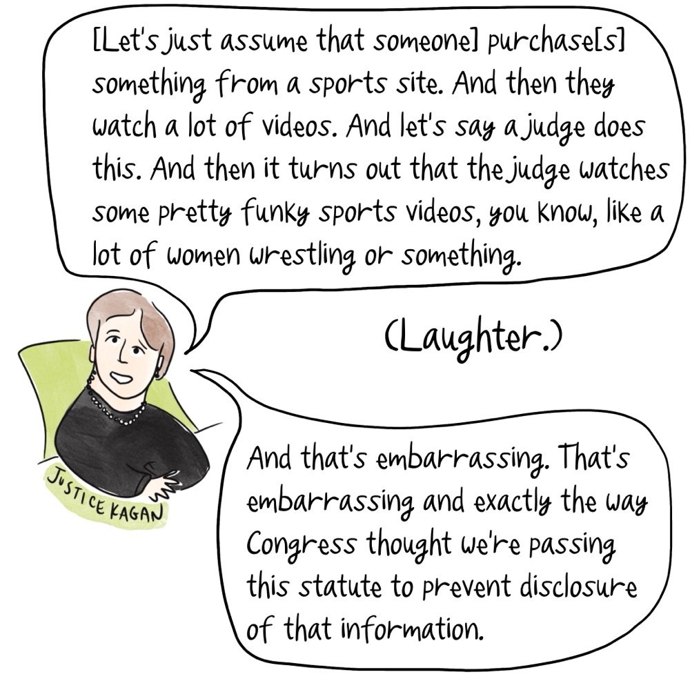 Justice Kagan asks a hypothetical about a judge viewing wrestling videos on a website of a company where that judge purchased something, but not something relating to videos. Everyone laughs because they get what she's really asking about...
