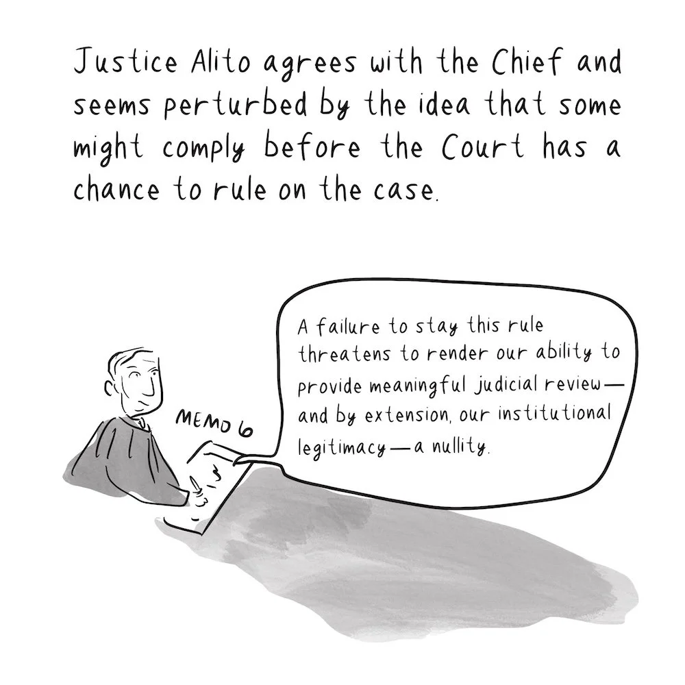 Justice Alito is drawn writing a memo. He wants to stay the Clean Power Plan.