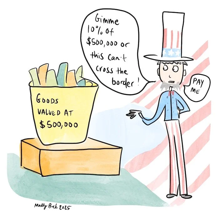 Illustration of Uncle Sam saying "Gimme 10% of $500,000 or this can't cross the border!