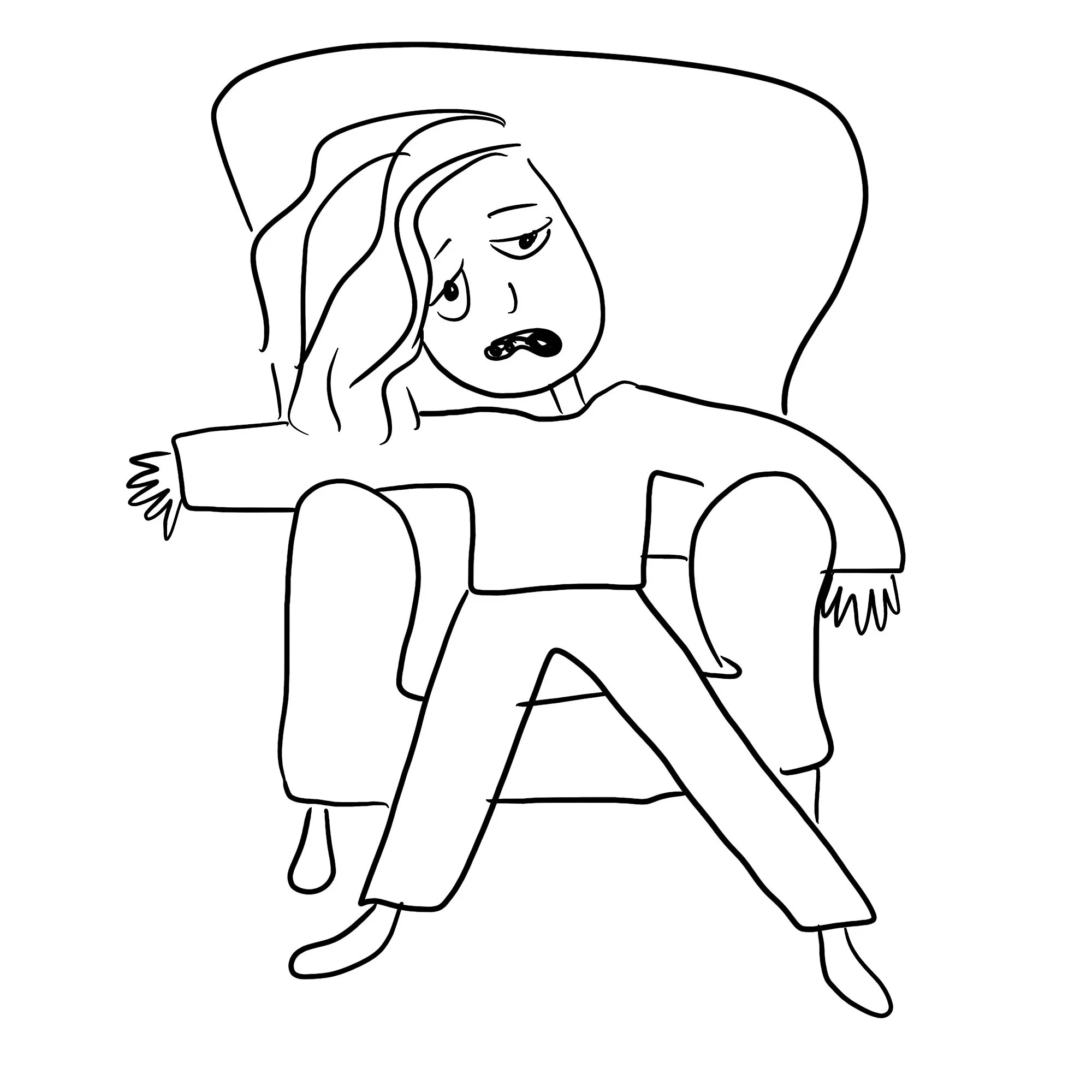 Lawyer sitting in chair, looking sad. Style of all of these drawings is sketchy, black in on white.