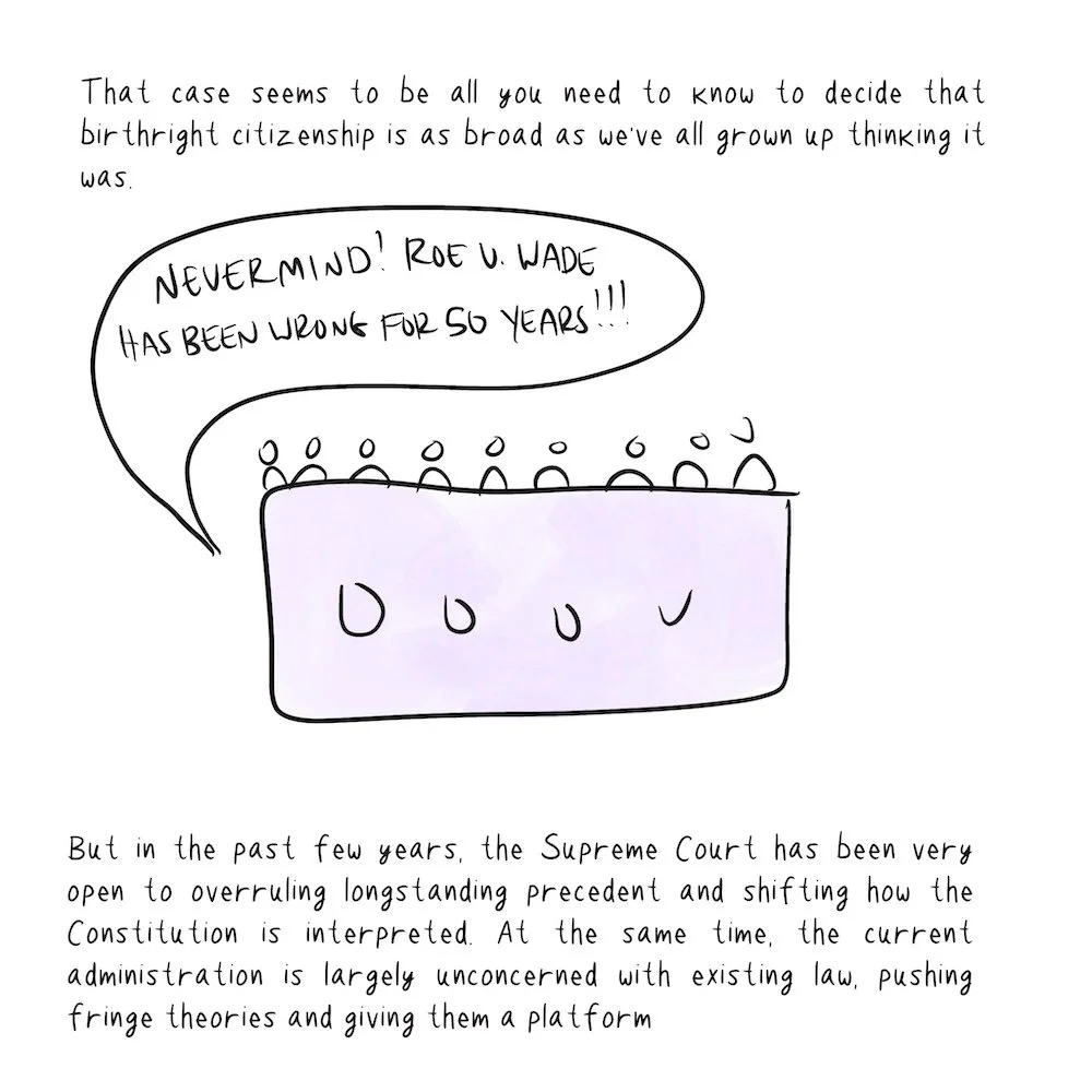 The Supreme Court drawn as a purple box with 9 people behind it, saying "Nevermind! Roe v. Wade has been wrong for 50 years!"