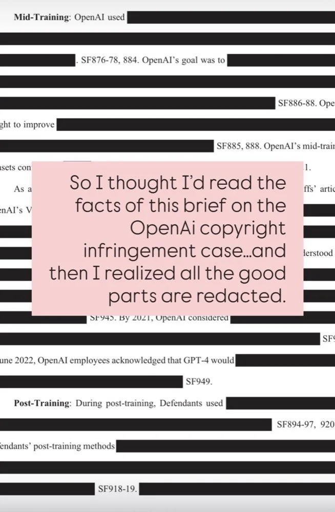 Screenshot of redacted brief from In Re Open AI, copyright infringement litigation. Shows some text but mostly black boxes.
