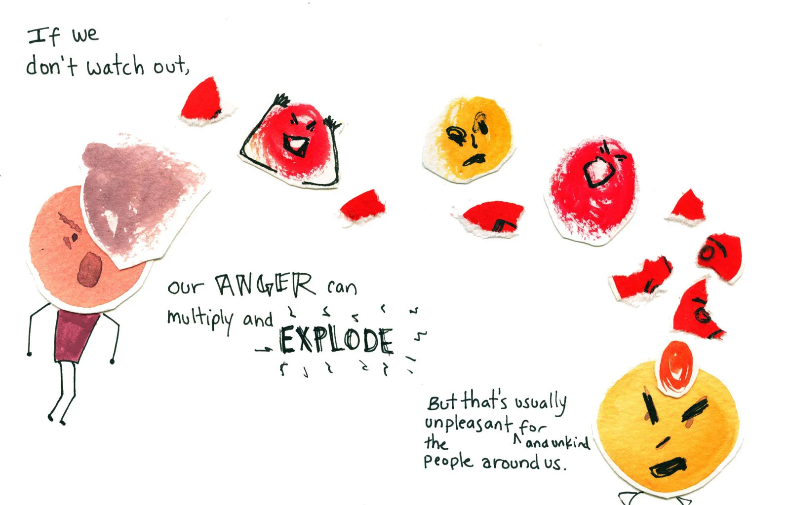  In this illustration, we see on the left a pink-headed angry face that has purple anger coming from its face. More red and yellow angry faces, including a few ripped up into bits are cascading through the air toward another angry head, this one in y