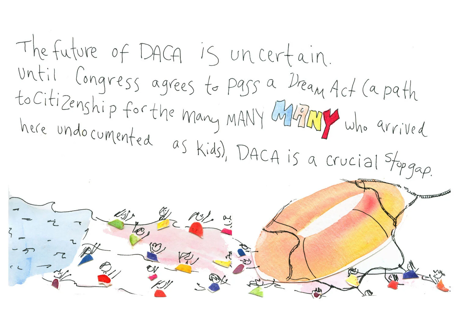  The future of DACA is uncertain until Congress agrees to pass a Dream ACT ( a path to citizenship of the many many many who arrived here undocumented as kids). DACA is a crucial stopgap. The illustration shows a bunch of small people reaching out fo