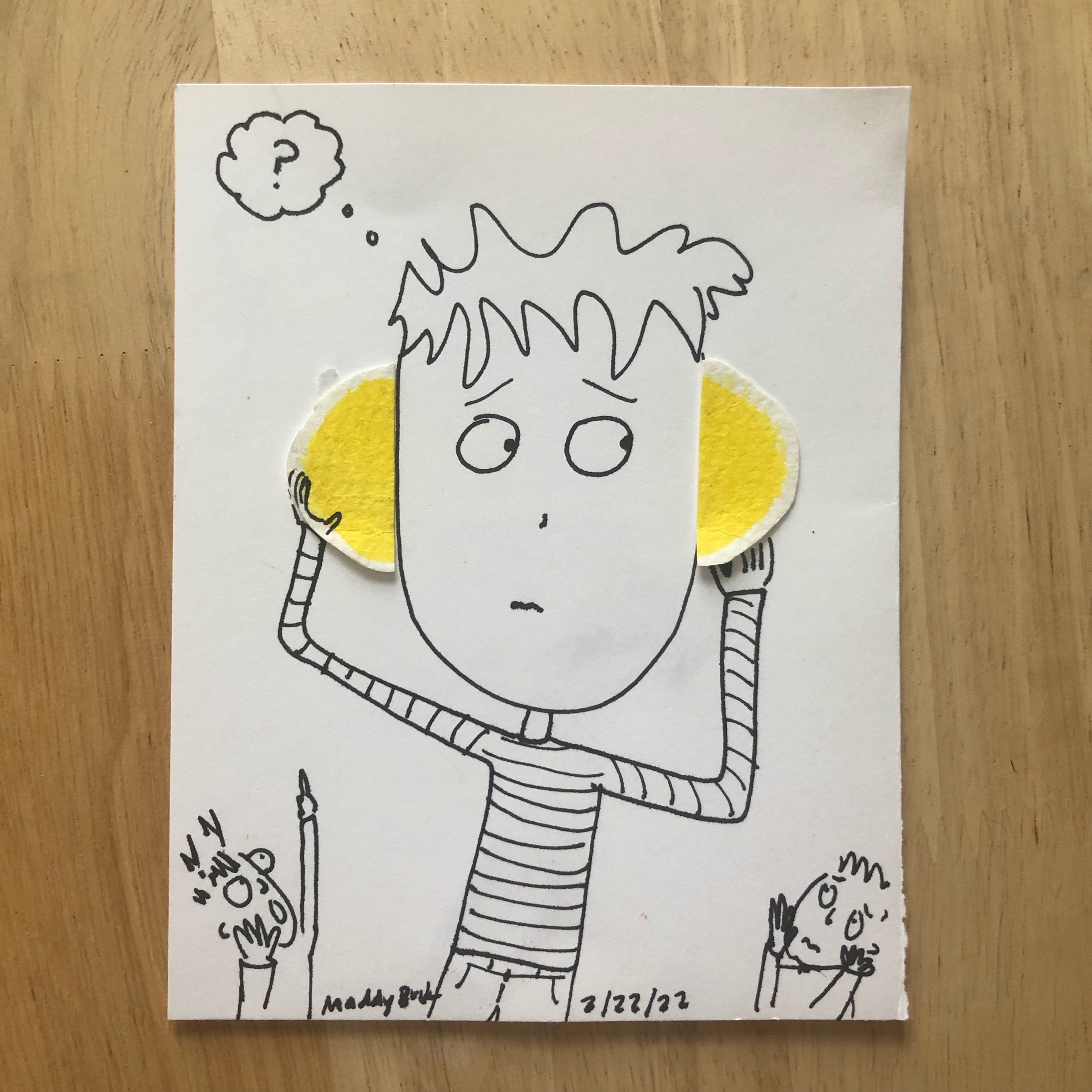  100 Day Project illustration that uses ink and yellow painted watercolor paper blob. Illustration shows a confused boy, with big yellow ears.  