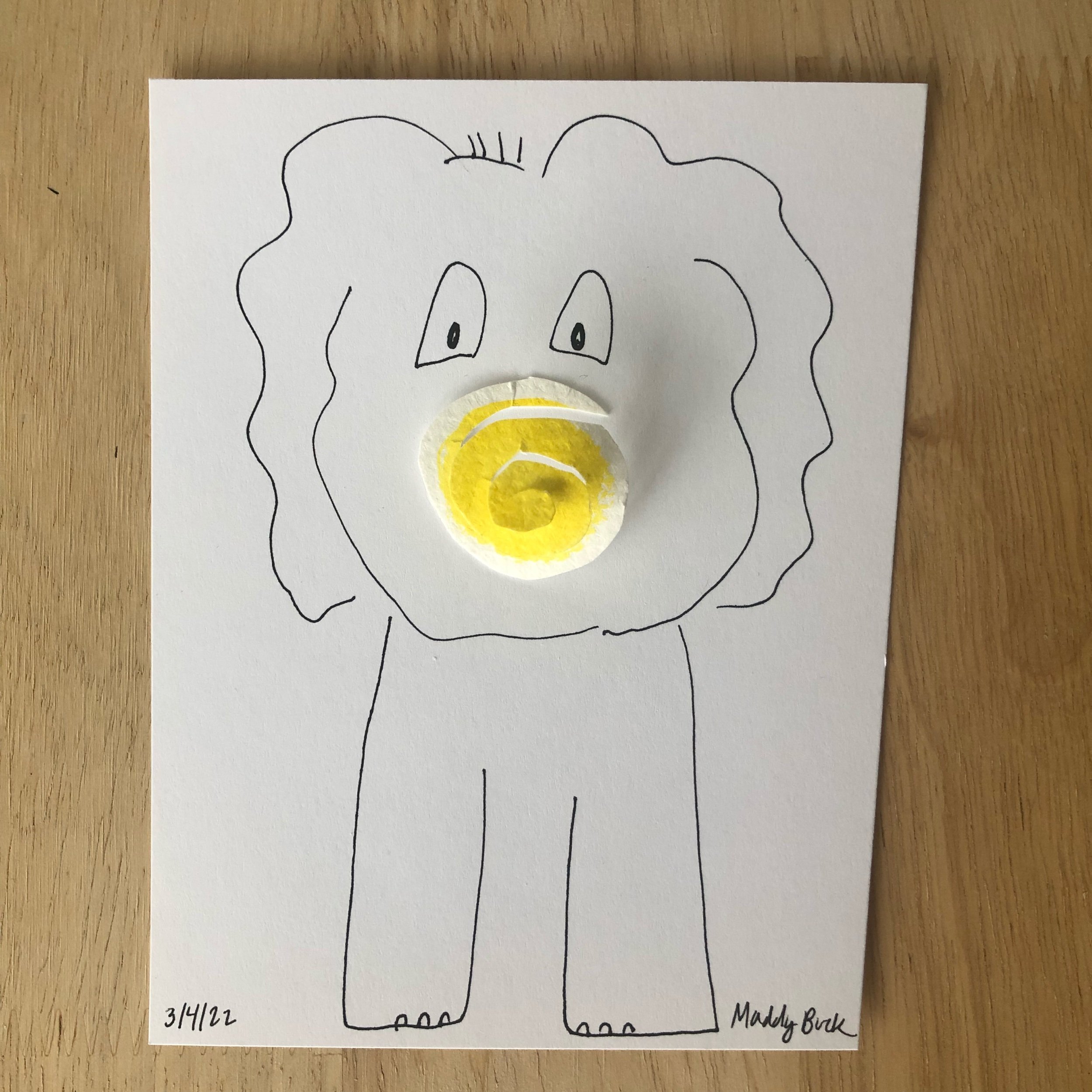  100 Day Project illustration that uses ink and yellow painted watercolor paper blob. Illustration shows an elephant with a yellow trunk.  