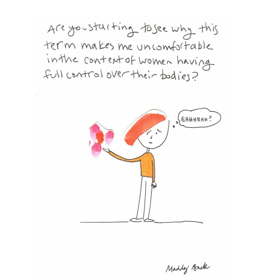 Text says “are you starting to see why this term makes me uncomfortable in the context of women having full control over their bodies?” Illustration shows a woman with red hair holding the pink blobby shape that represents power on loan. She is sayi