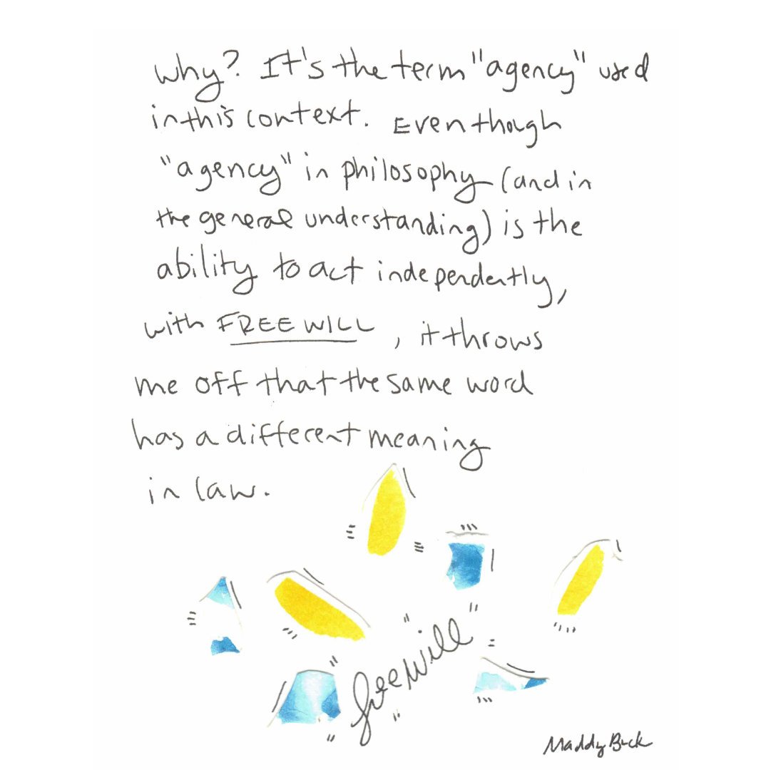 Text says, “Why? It’s the term “agency” used in this context. Even though “agency” in philosophy (and in the general understanding) is the ability to act independently, with FREE WILL, it throws me off that the same word has a different meaning in l