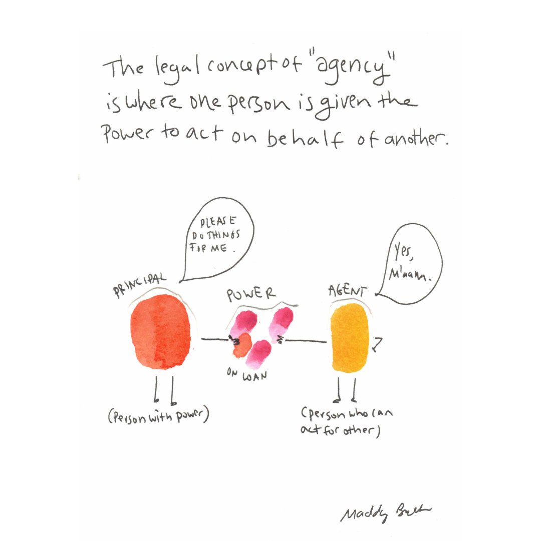 The text at the top of the page says, “What does agency mean? The legal concept of ‘agency’ is where one person is given the power to act on behalf of another.” The illustration shows two blob characters, a red and an orange one. The red is labeled