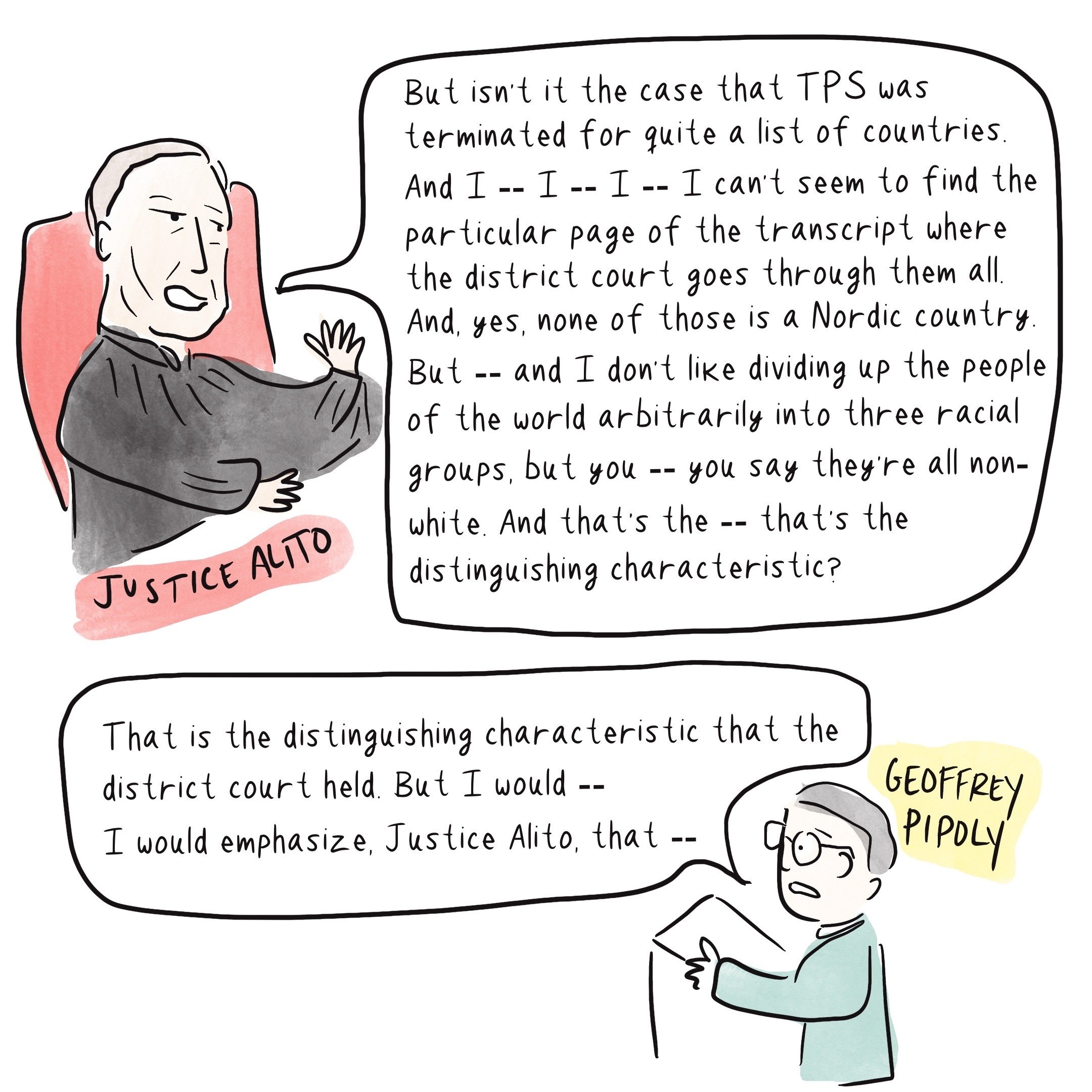 Justice Alito sitting on the bench, in a speech bubble is a bunch of words he is saying to argue that this case is too focused on race. Below is an attorney arguing, attempting ot respond. It's an illustration, colorful.
