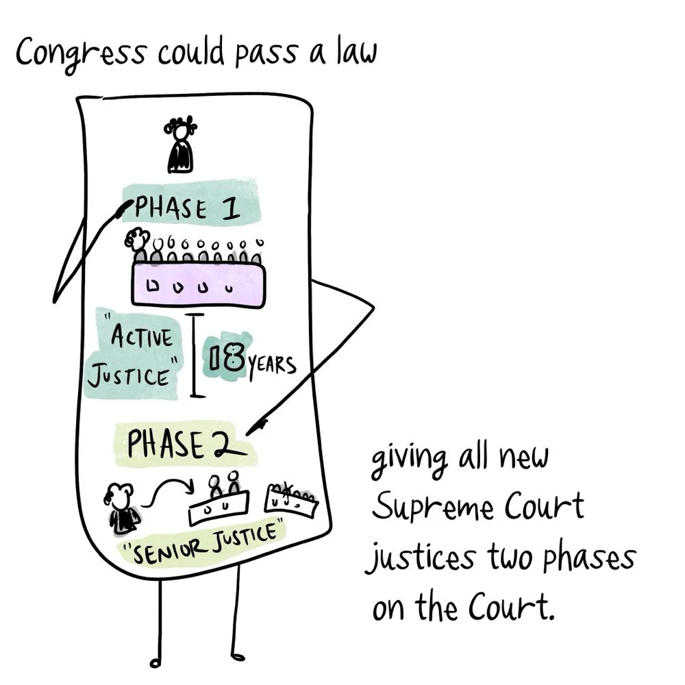 Congress could pass a law giving all new supreme court justices two phases on the Court. ILlustration of a statute with arms and legs showing different phases of supreme court.