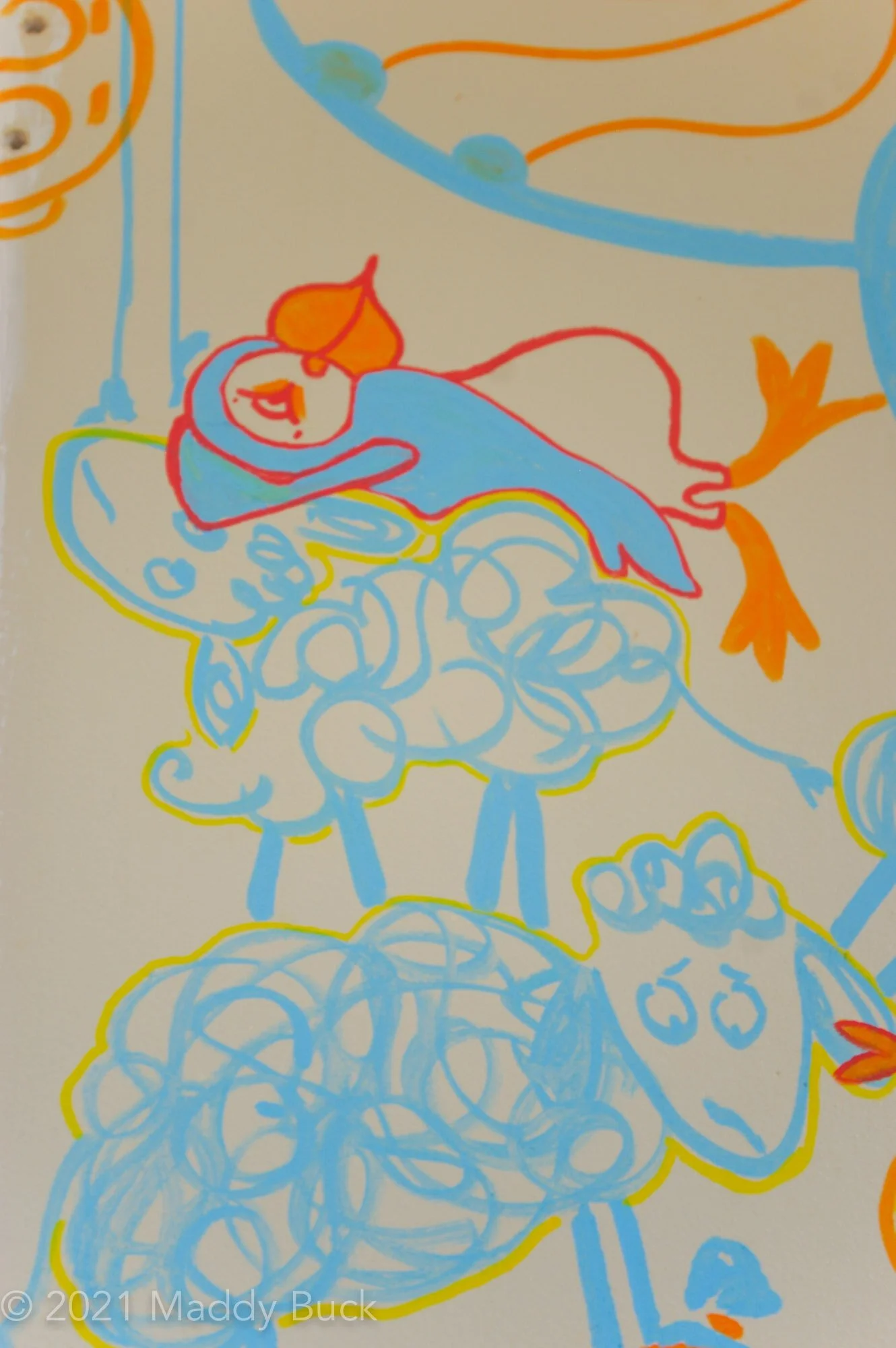  This is a close up view of a mural in a kid bedroom. We see a lounging puffin laying on a blue sheep. The sheep is standing on another blue sheep, who looks concerned. The puffin is also blue and very relaxed. The colors are red, blue, and a little 