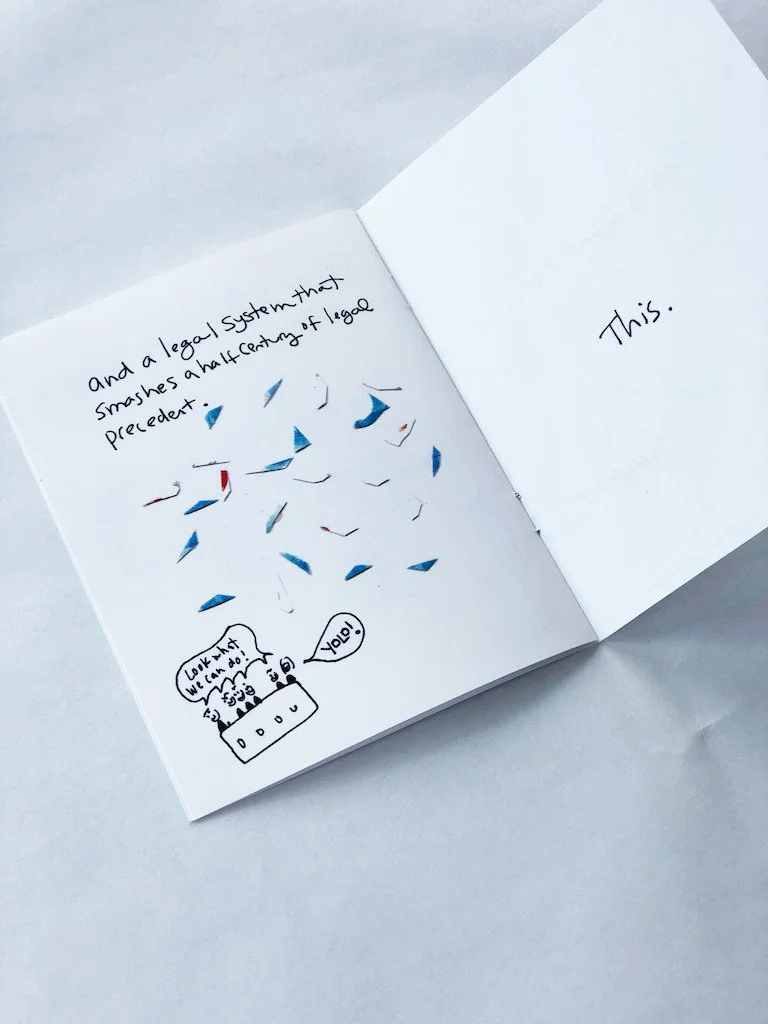  The text says, “and a legal system that smashes a half-century of legal precedent.” The illustration is collaged bits of paper around a tiny drawing of the Supreme Court saying “look what we did! YOLO!” The photograph is of a piece of paper with an 