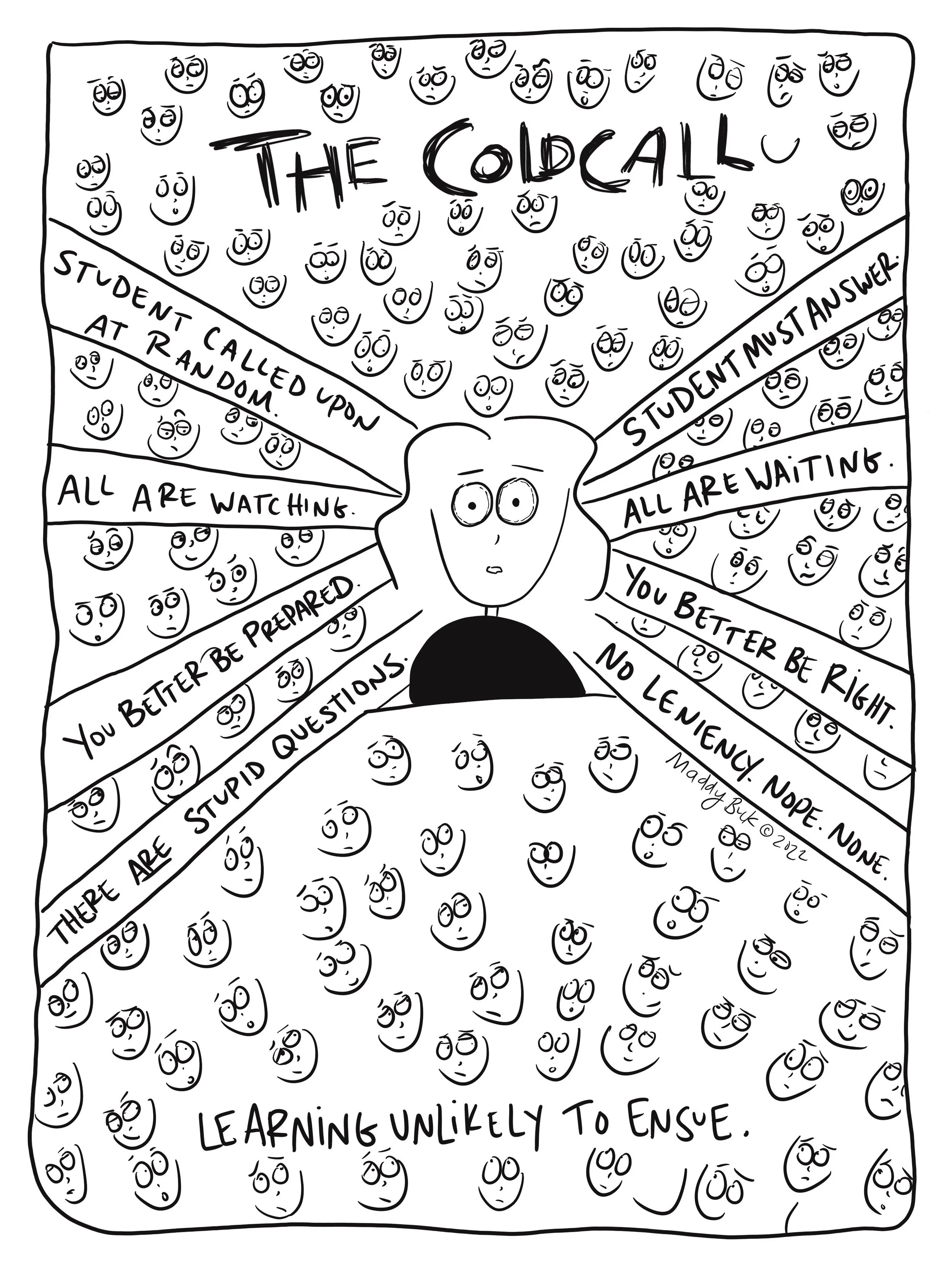  In this drawing, it says “THE COLDCALL” at the top. All over the drawing are faces of scared, bored, surprised, or shocked individuals. In the middle of the image is a young woman, a student’s face. She looks scared. Pointing out in different direct