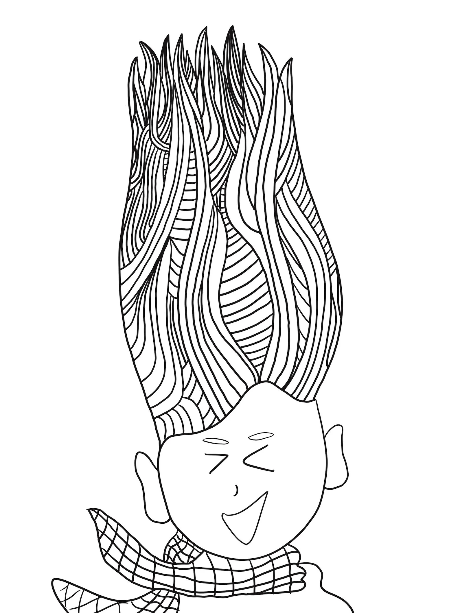  Black and white line illustration for children’s coloring book. This is a face of a person making a silly face, wearing a scarf, and with hair like a troll doll, super high and spiky. The hair points up into little points and is full of lines, casca