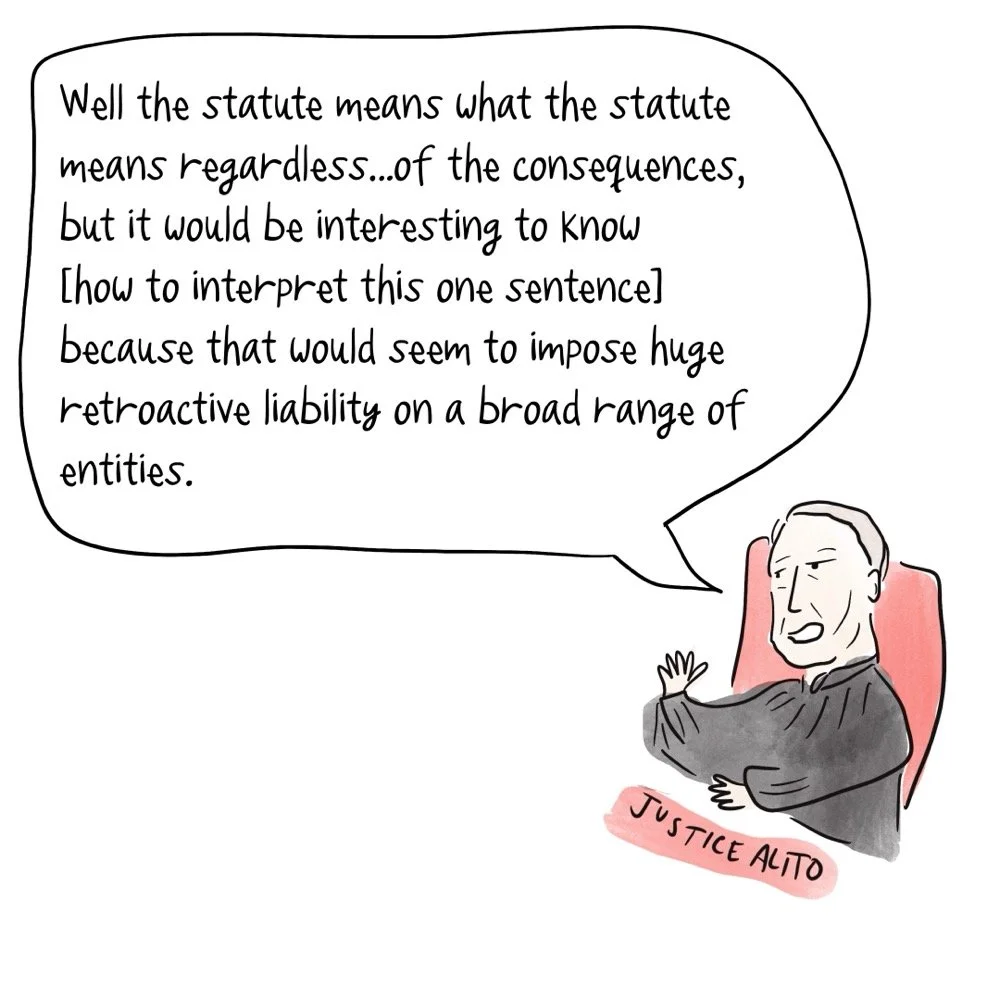 Drawing of Justice Alito questioning the consequences of an interpretation, despite generally being a textualist.