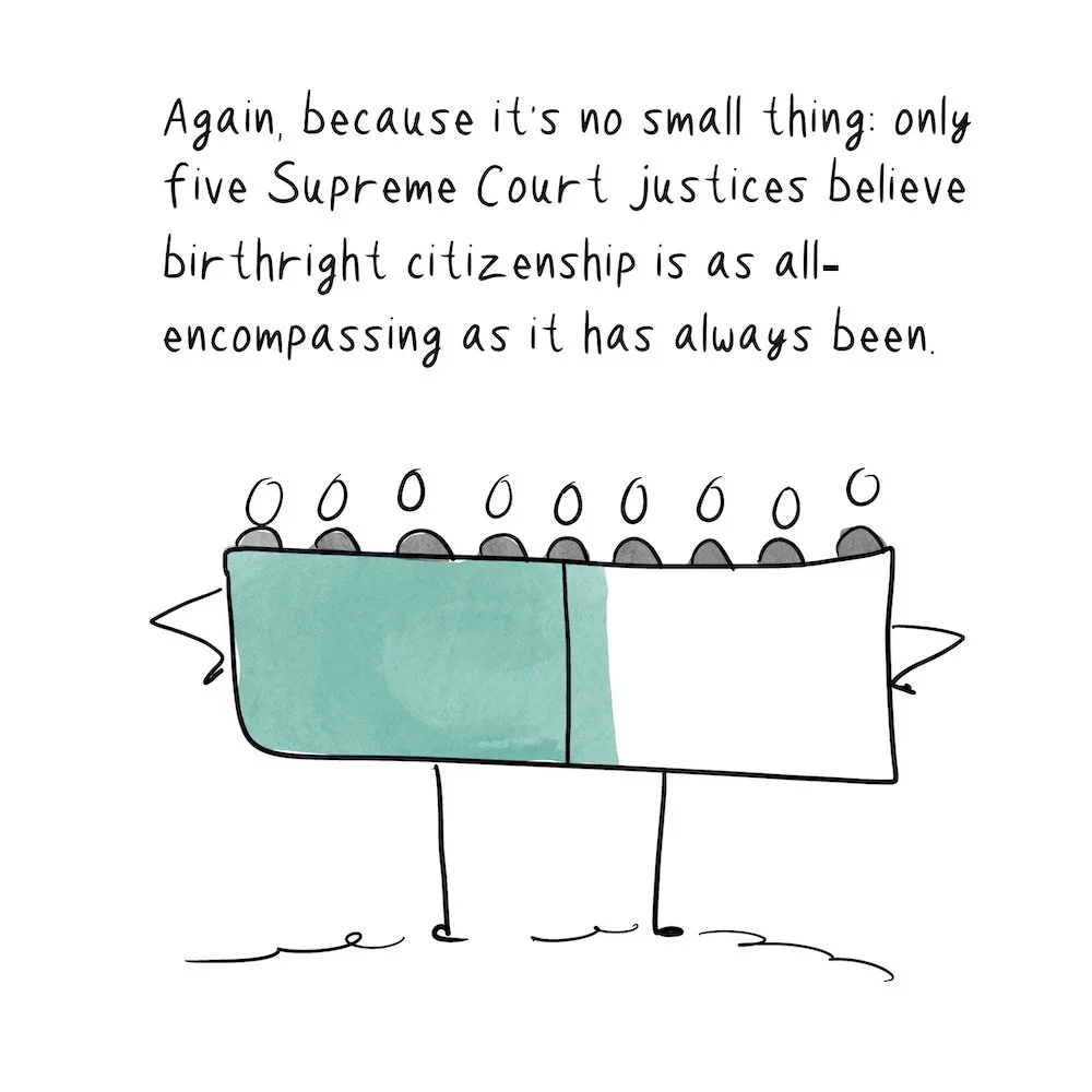 Text says, "Again, because it's no small things: five Supreme Court justices believe that birthright citizenship is as all-encompassing as it has always been."