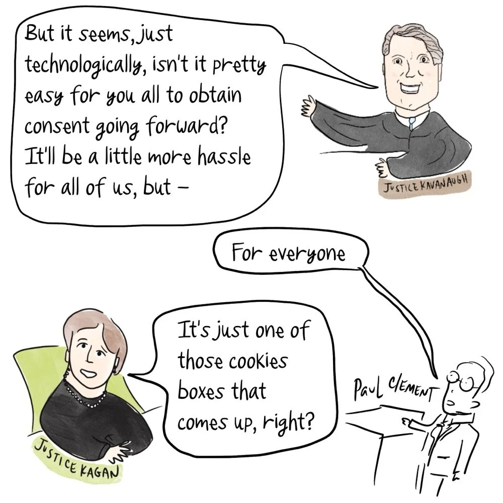 Drawing of Justice Kavanaugh saying essentially that it would be pretty easy for companies with videos and targeted advertising to obtain consent going forward. Justice Kagan is agreeing.
