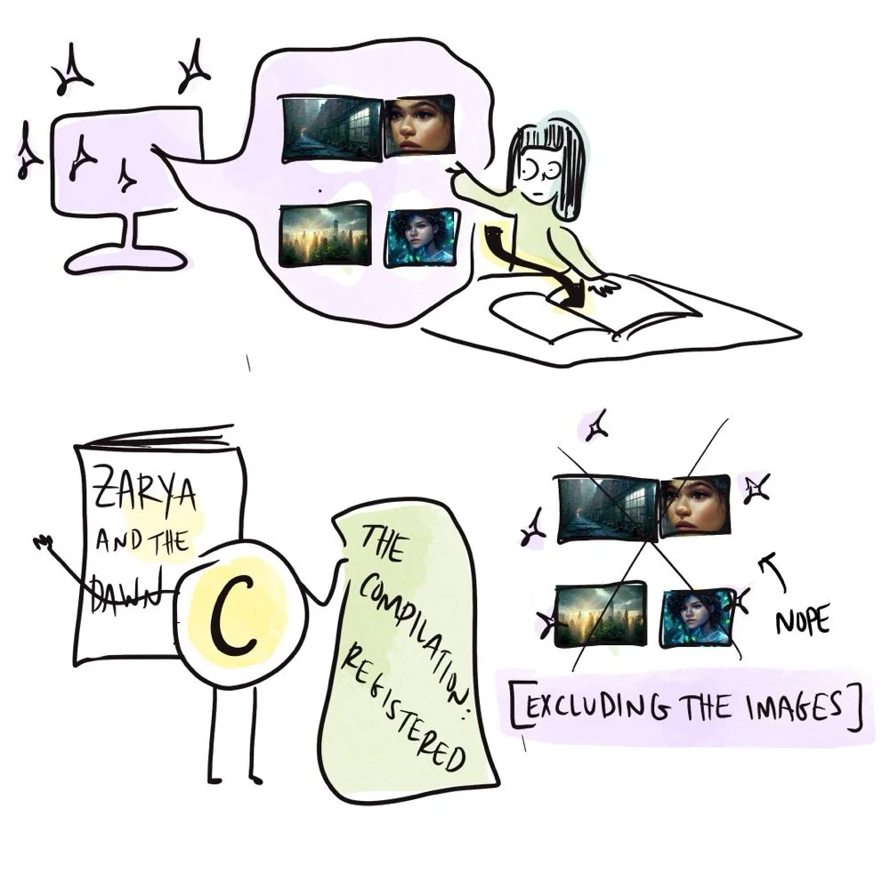 Person pointing at AI-generated comic book images. Copyright symbol holds registration for compilation of comic book, but "nope" next to the ai-generated images.