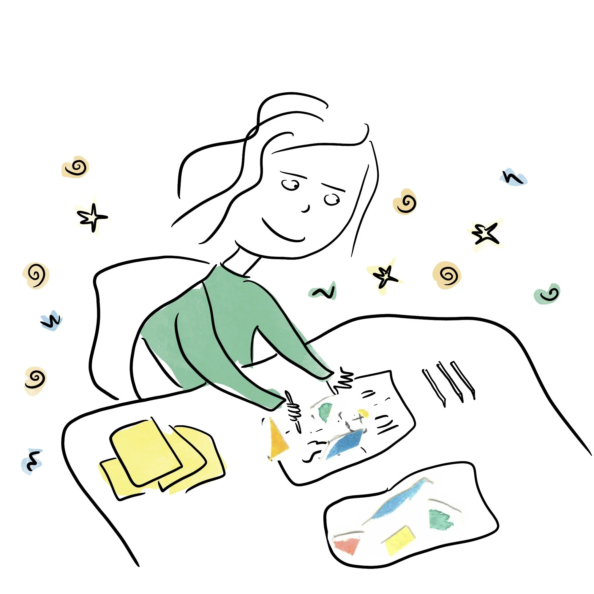 Lawyer sitting at table, looking happy, in green shirt, with colorful swirls and stars all around. Drawing on paper.