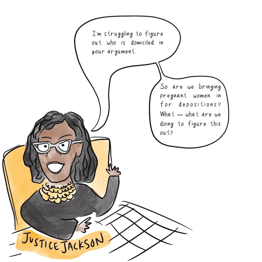 Justice Jackson at oral argument, sitting against an orange chair, making a point, as described in surrounded text.
