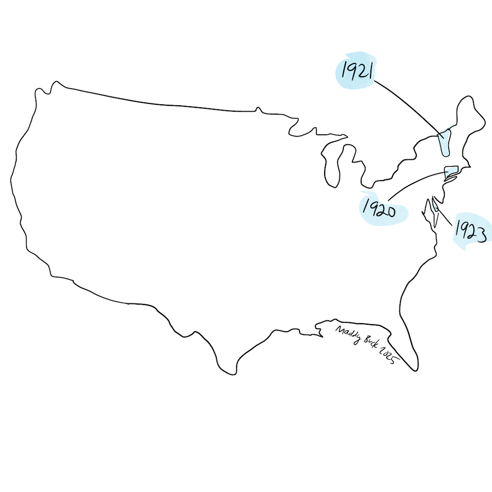 Illustration of the U.S., in an outline, highlighting three small states to show how in the early 1920s they also ratified the Amendment.
