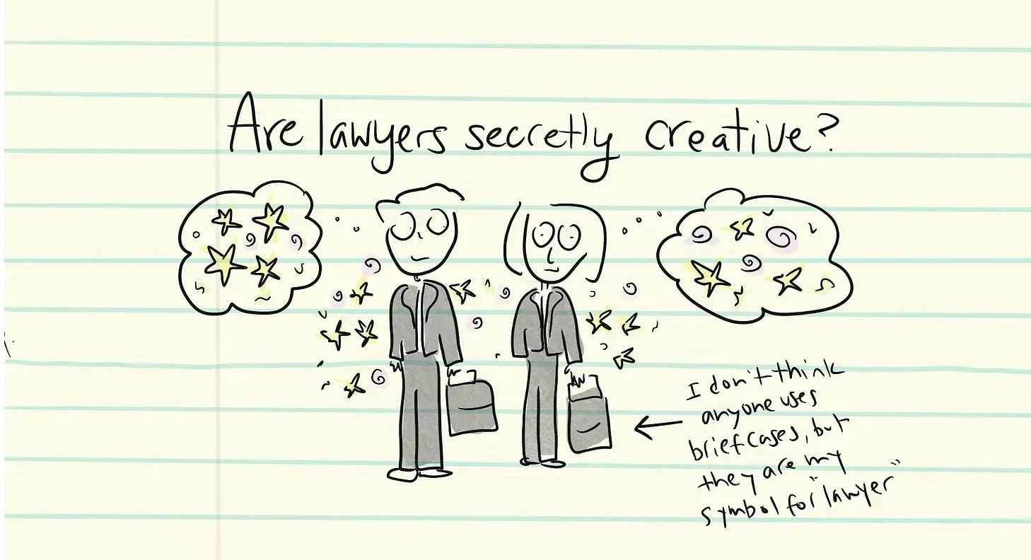 Illustration looks like it's on a yellow legal pad. It is of two lawyers in suits, with colorful shapes coming fro their thought bubbles. Text says, "Are lawyers secretly creative?"
