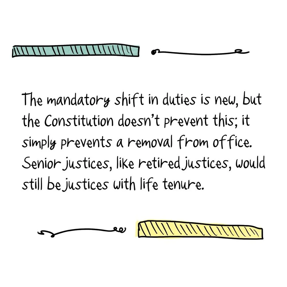 Text says, "The mandatory shift in duties is new, but the Constitution doesn’t prevent this; it simply prevents a removal from office. Senior justices, like retired justices, would still be justices. "