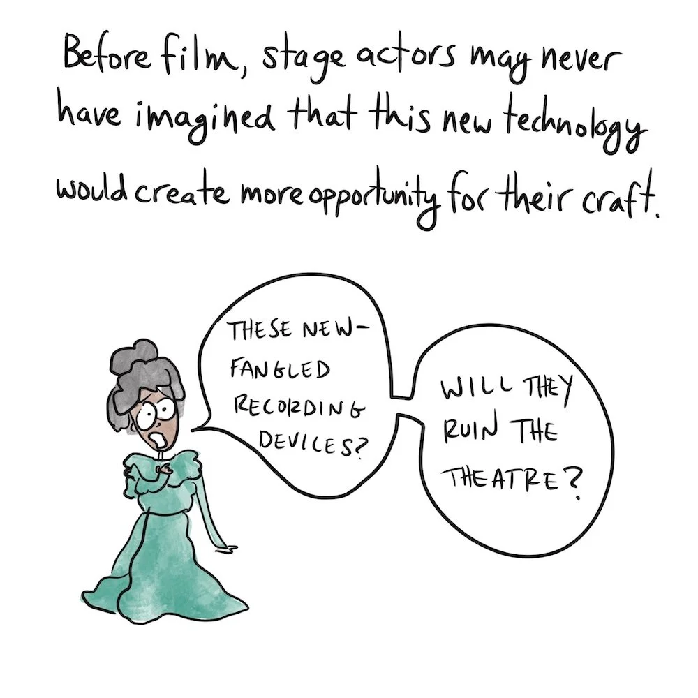 Illustration shows a woman in an old fashioned dress saying, "These new-fangled recording devices? Will they ruin the theatre?" The text says, "Before film, stage actors may never have imagined that this new technology would create more opportunity."