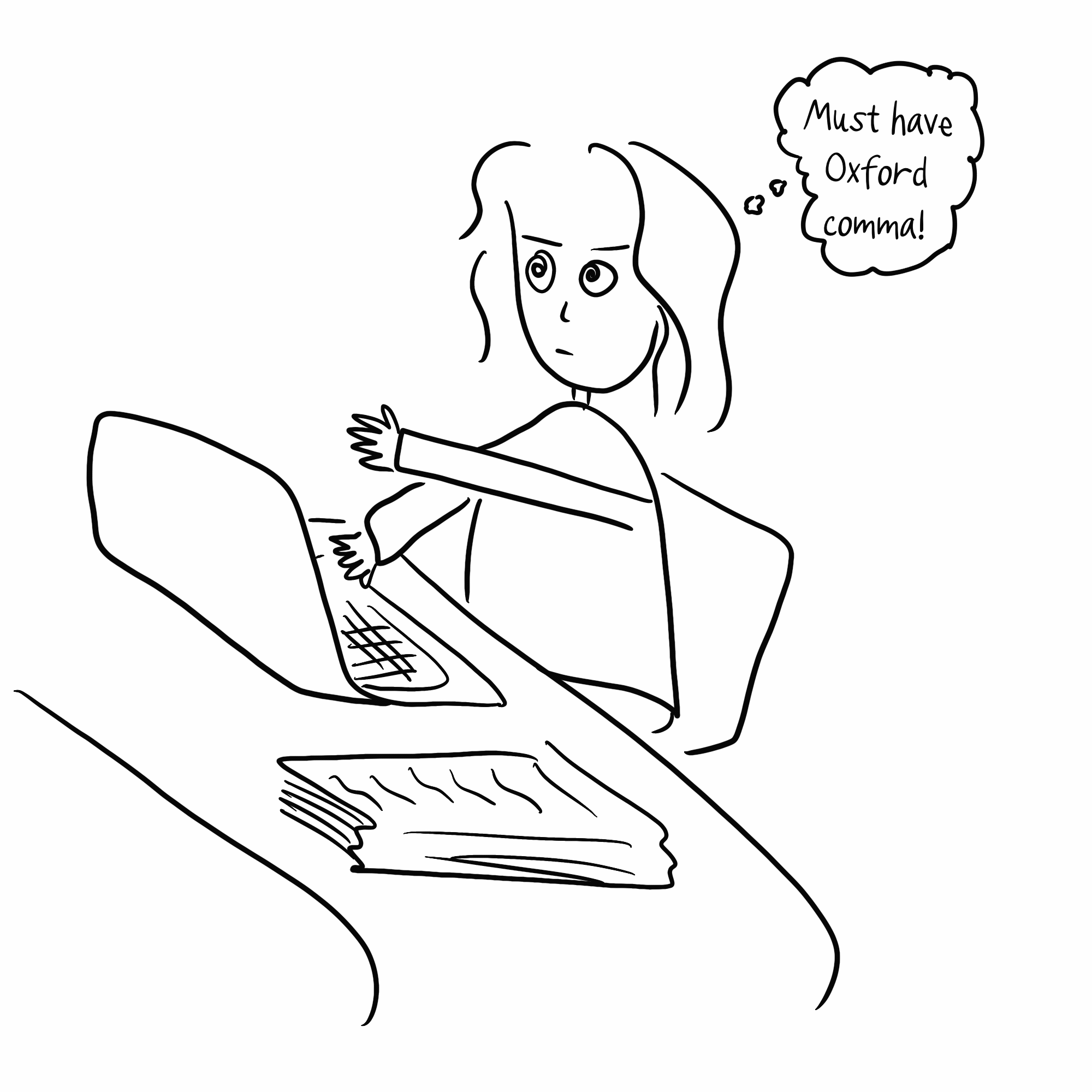Gif of lawyer typing like mad, only arms are moving at laptop. Thinking "Must have Oxford comma!"