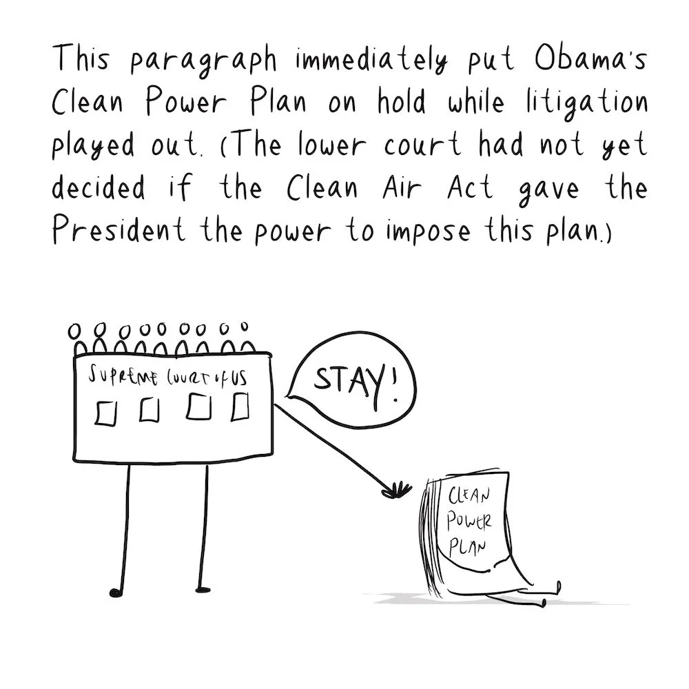 Drawing of the Supreme Court telling the Clean Power Play to "stay"!