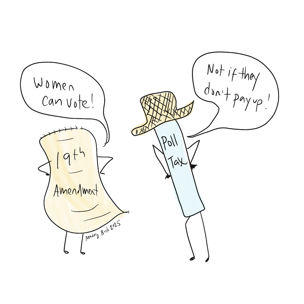 Illustration of the 19th Amendment with arms and legs saying, "Women can vote!" and standing off against a reedy pole with a straw hat called "poll tax," who is saying "Not if they don't pay up!"