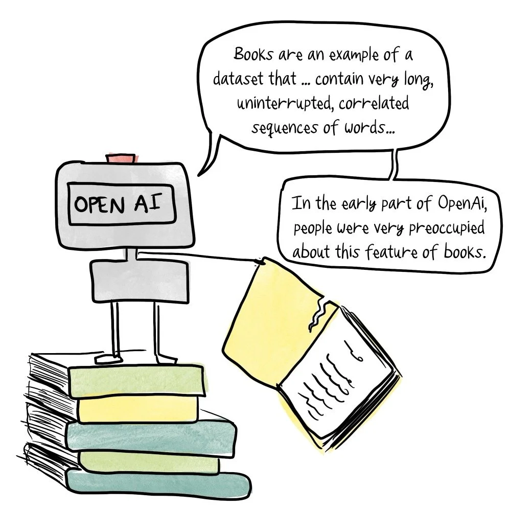 A robot drawing, where the robot is discussing the "value" of books as data.