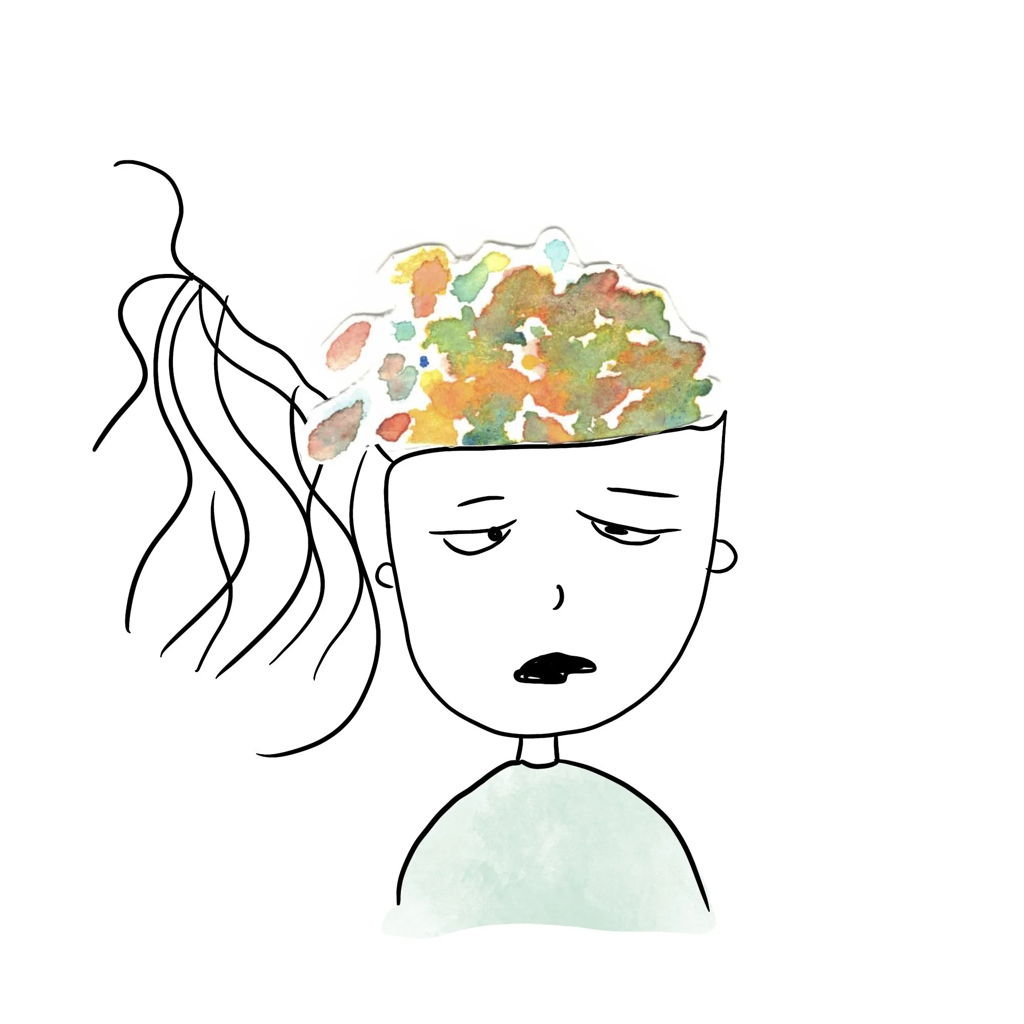Lawyer looking overworked. Brain is wedged open like can opener, with brain bits colorful and mushed (compared to the logic boxes from earlier). The brain contents are watercolored paper.