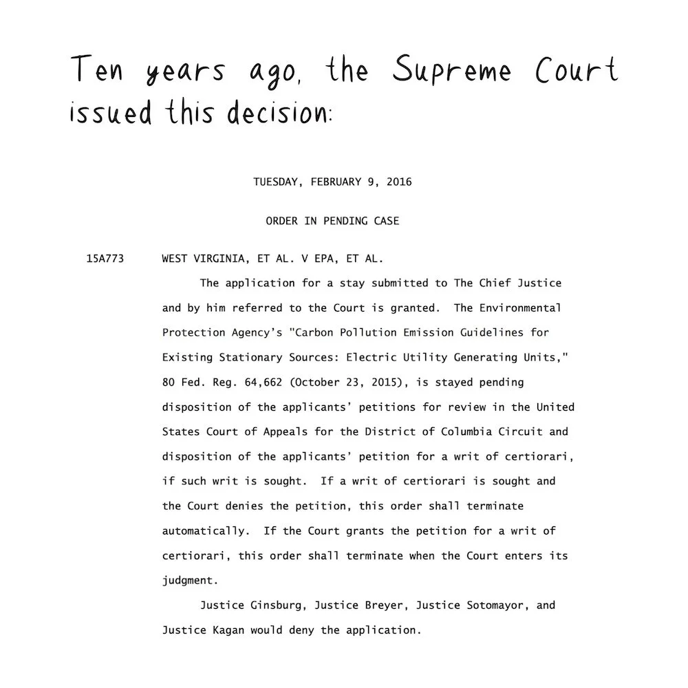 Image shows the text of the West Virginia v. EPA shadow docket opinion whey they grant a stay stopping the Clean Power Plan from going into effect.