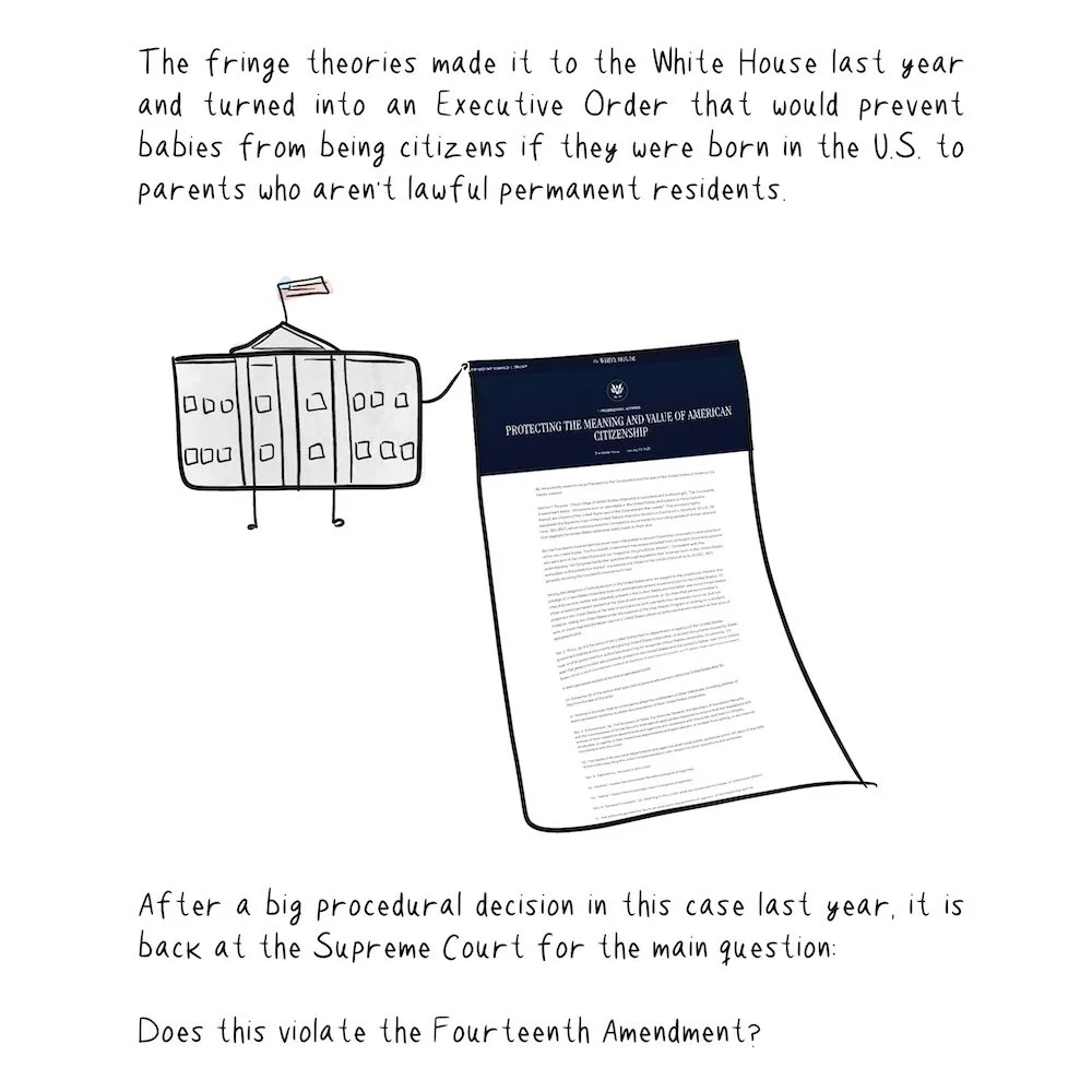 Drawing of the White House holding an executive order regarding birthright citizenship.