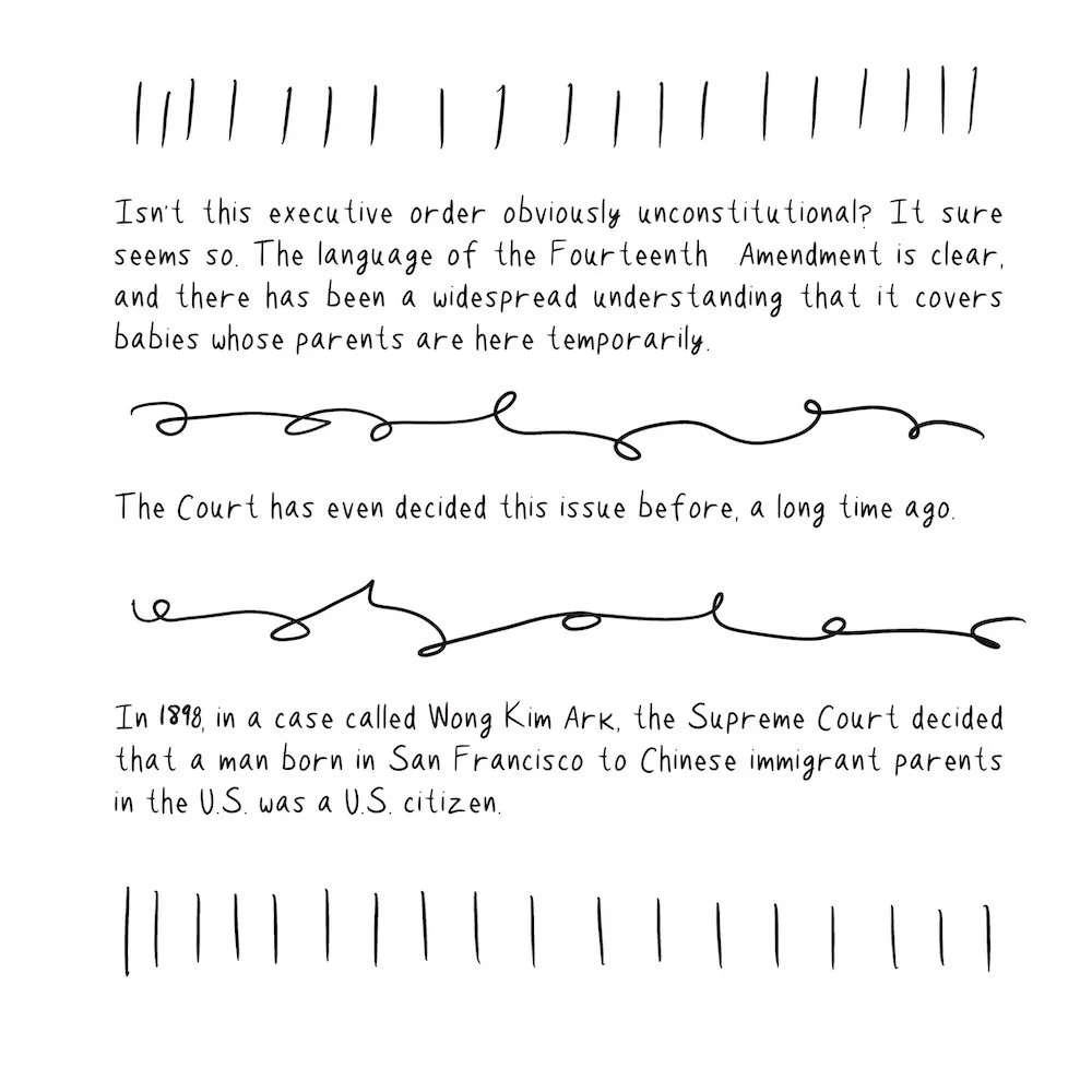With drawn embellishments, in a handwriting font, this panel discusses the birthright citizenship executive order.