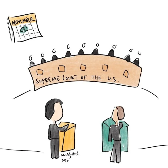 Illustration of two people in black suits standing at oral argument in front of the U.S. Supreme Court.