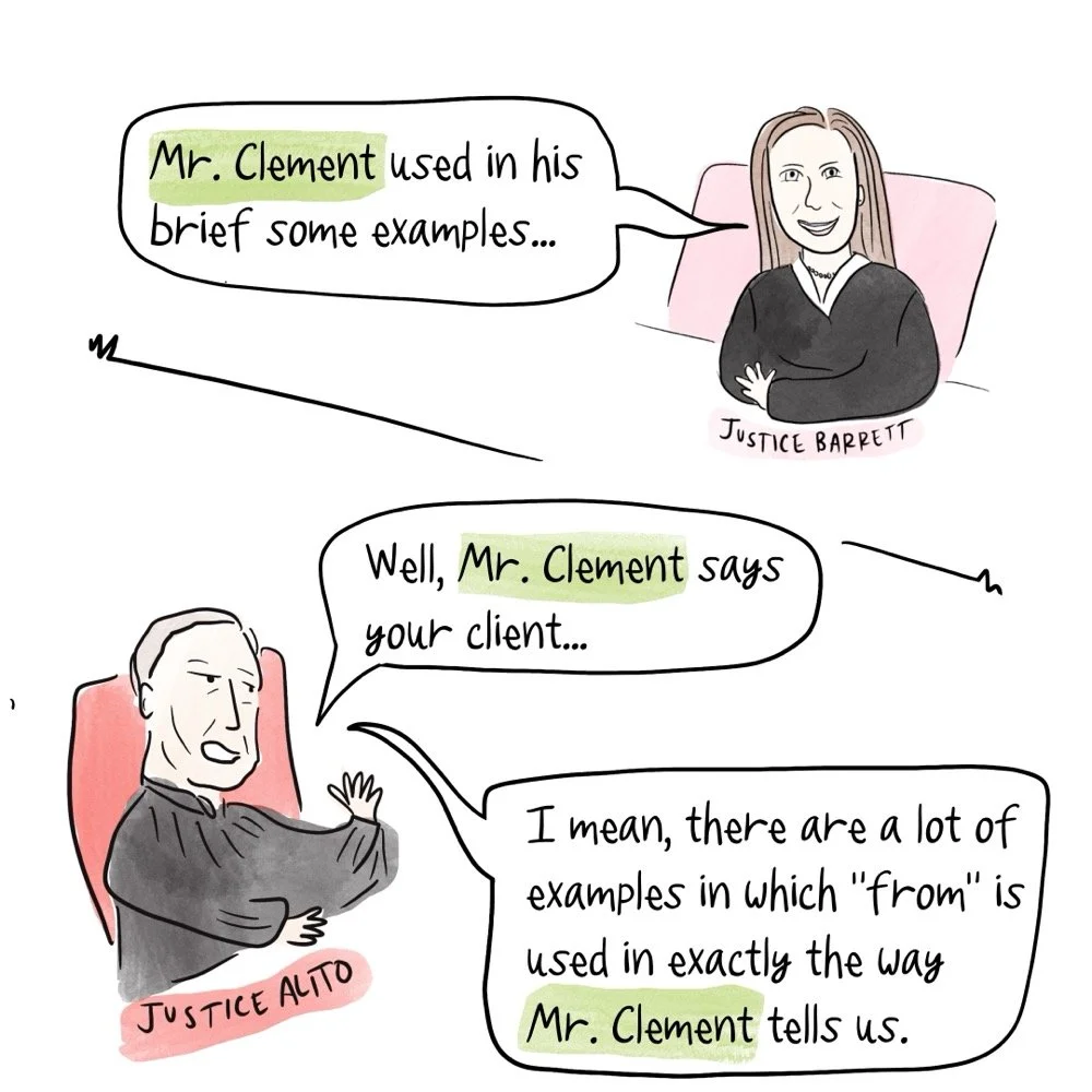 Illustration of Justice Barrett and Justice Aliot both referencing "Mr. Clement" instead of the Mr. Clement's Client.