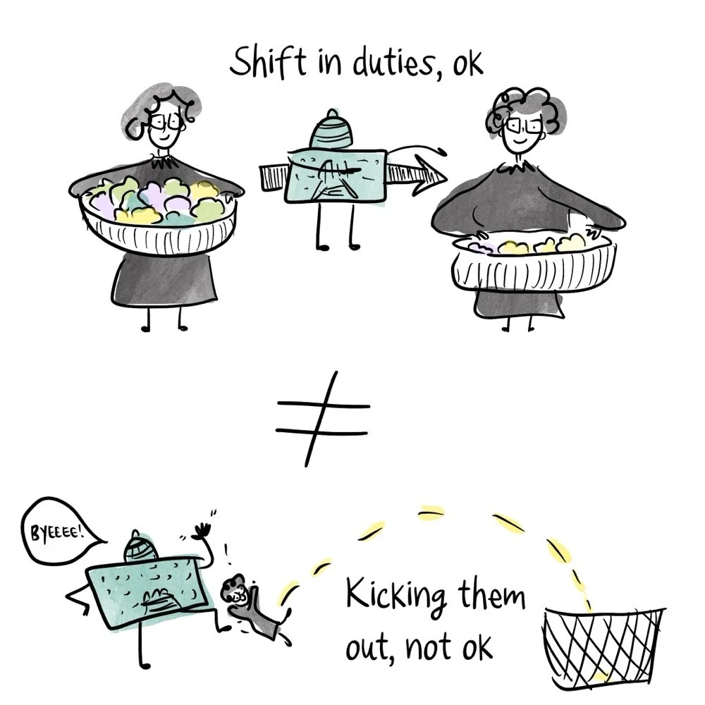 Illustration of a justice whose roles have shifted (basket goes from lots of stuff to less stuff), which does not equal Congress kicking a justice into a trashcan.