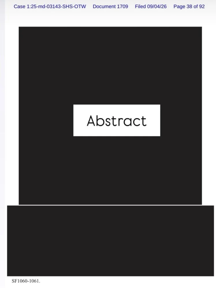 A fourth screenshot of a huge black box, a redacted page from a brief in the n Re Open AI, copyright infringement litigation.